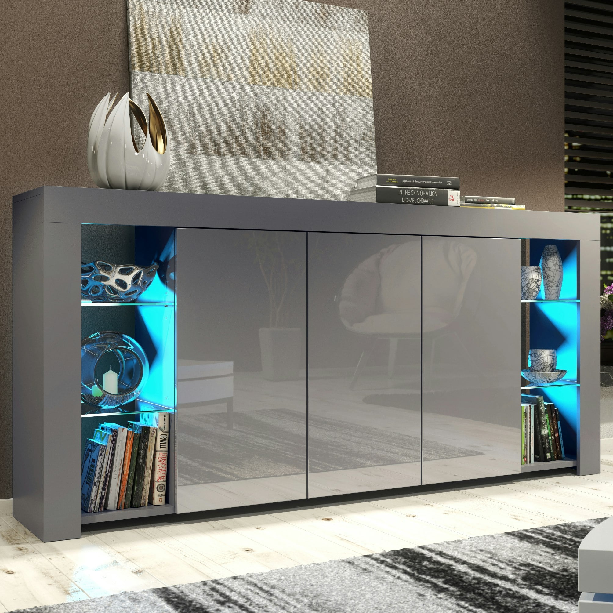 Mex Furniture Grey/Dark Exclusive 164Cm Cabinet Cupboard Sideboard Tv Unit High Gloss Doors & Free Led - 164 Cm - Matt Body & Gloss Doors - 1