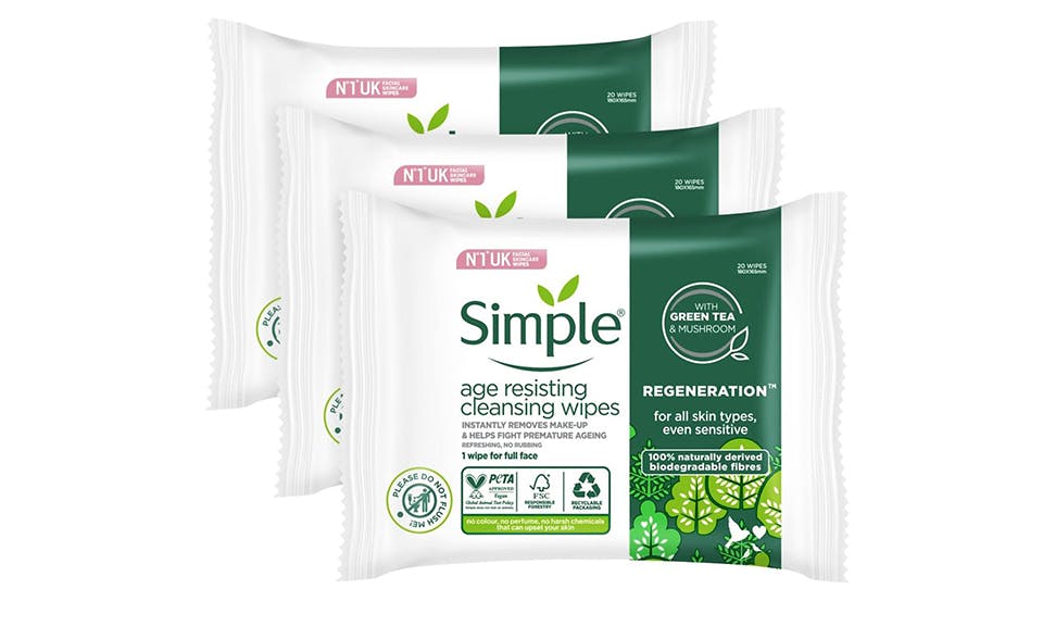 Simple Unisex White Age Resisting Cleansing Wipes 3X20pk Sensitive Skin In - Image 3