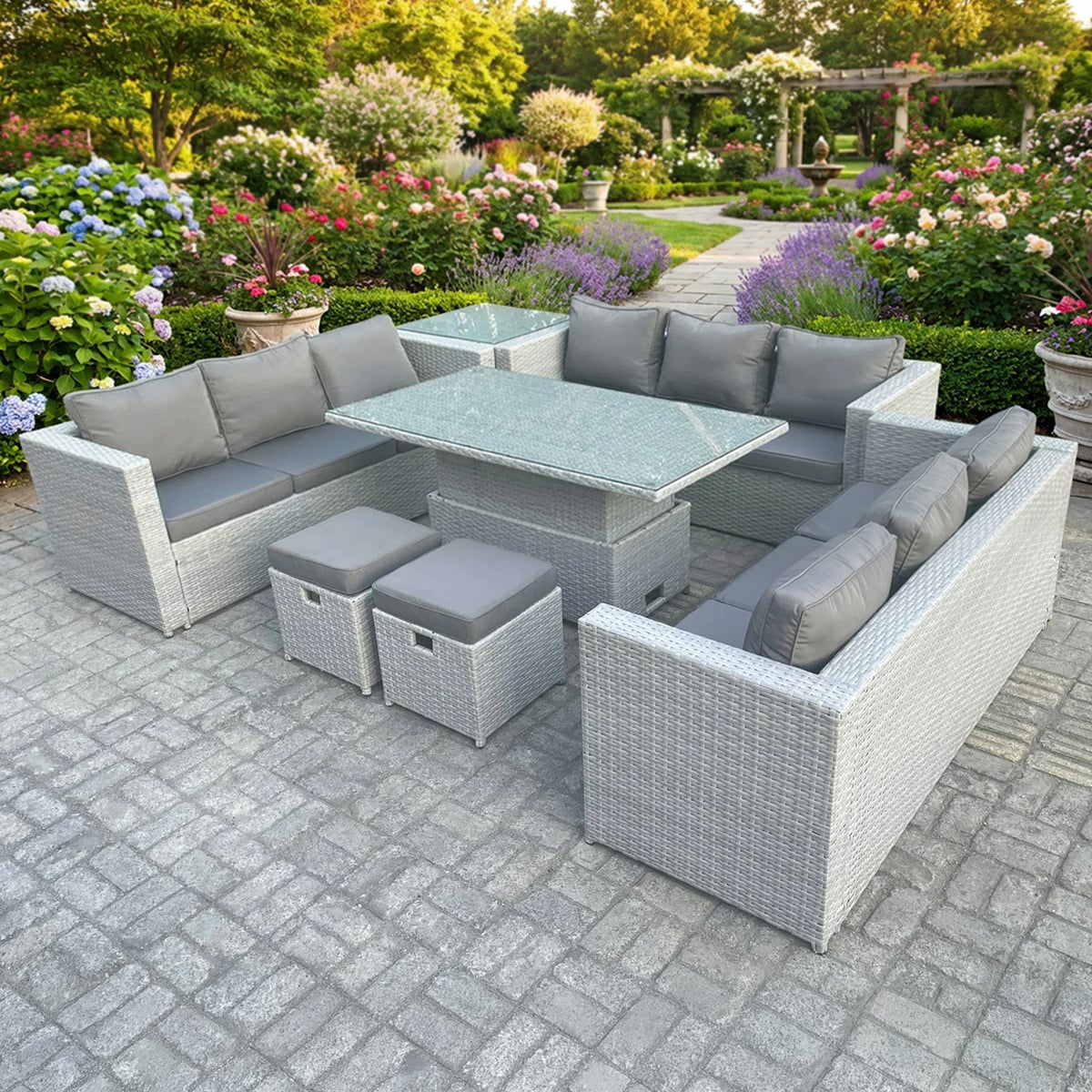 Rackhams Light/Grey U Shape Rattan Garden Furniture Set With Adjustable Table, 3 Sofas, Side Table & 2 Footstools