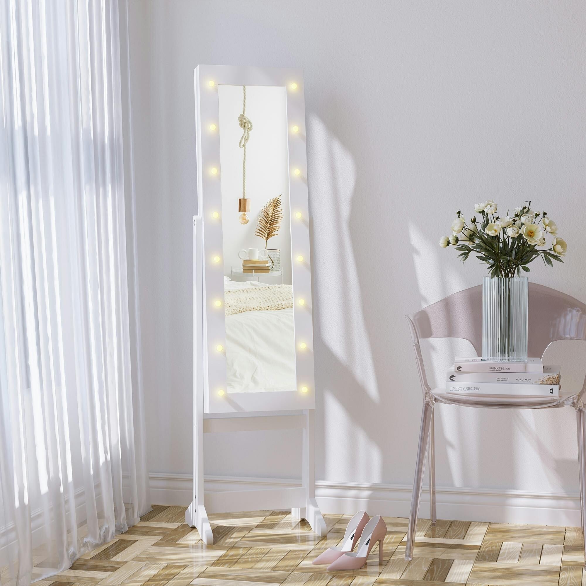 LED Mirrored Jewellery Cabinet Full Length Mirror Storage Organizer White - Image 2