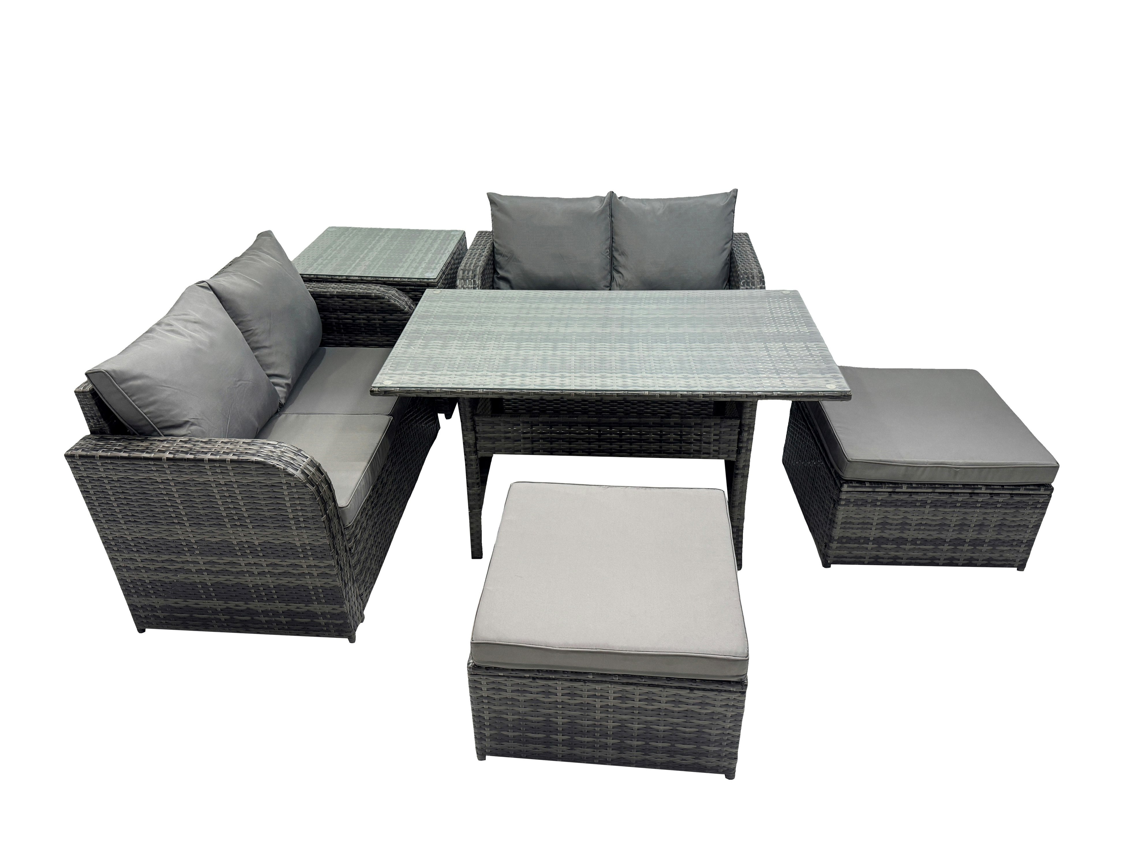 Rackhams Dark/Grey Wicker Pe Rattan Garden Outdoor Furniture Set Love Sofa Dining Table Sets With Side Table 2 Big Stools Mixed
