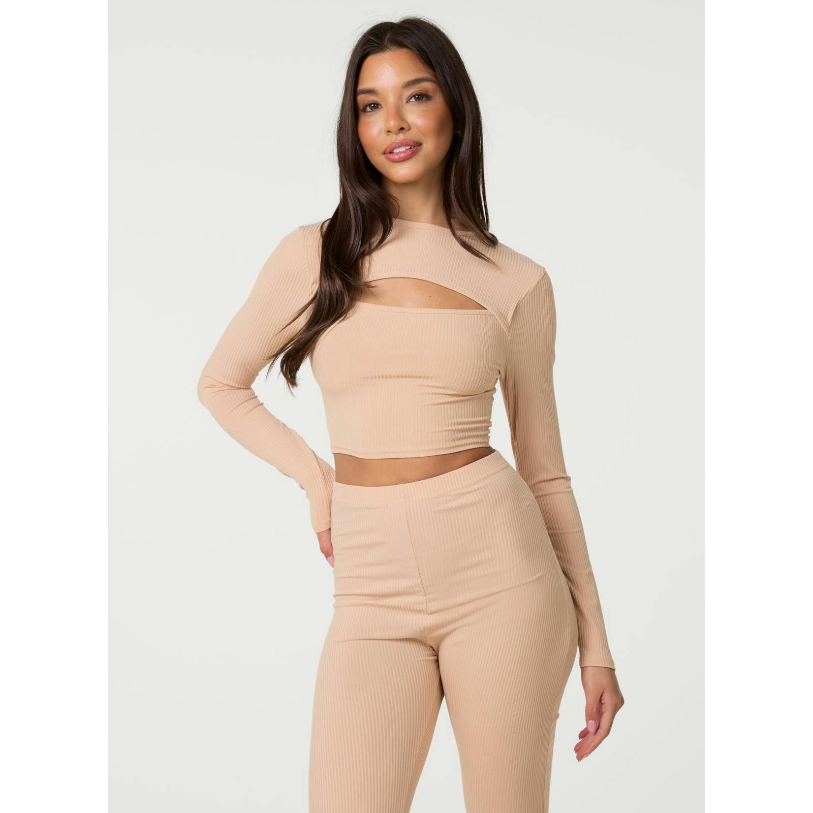 Pink Vanilla Ribbed Long Sleeve Letterbox Top - Uk 8 - Stone