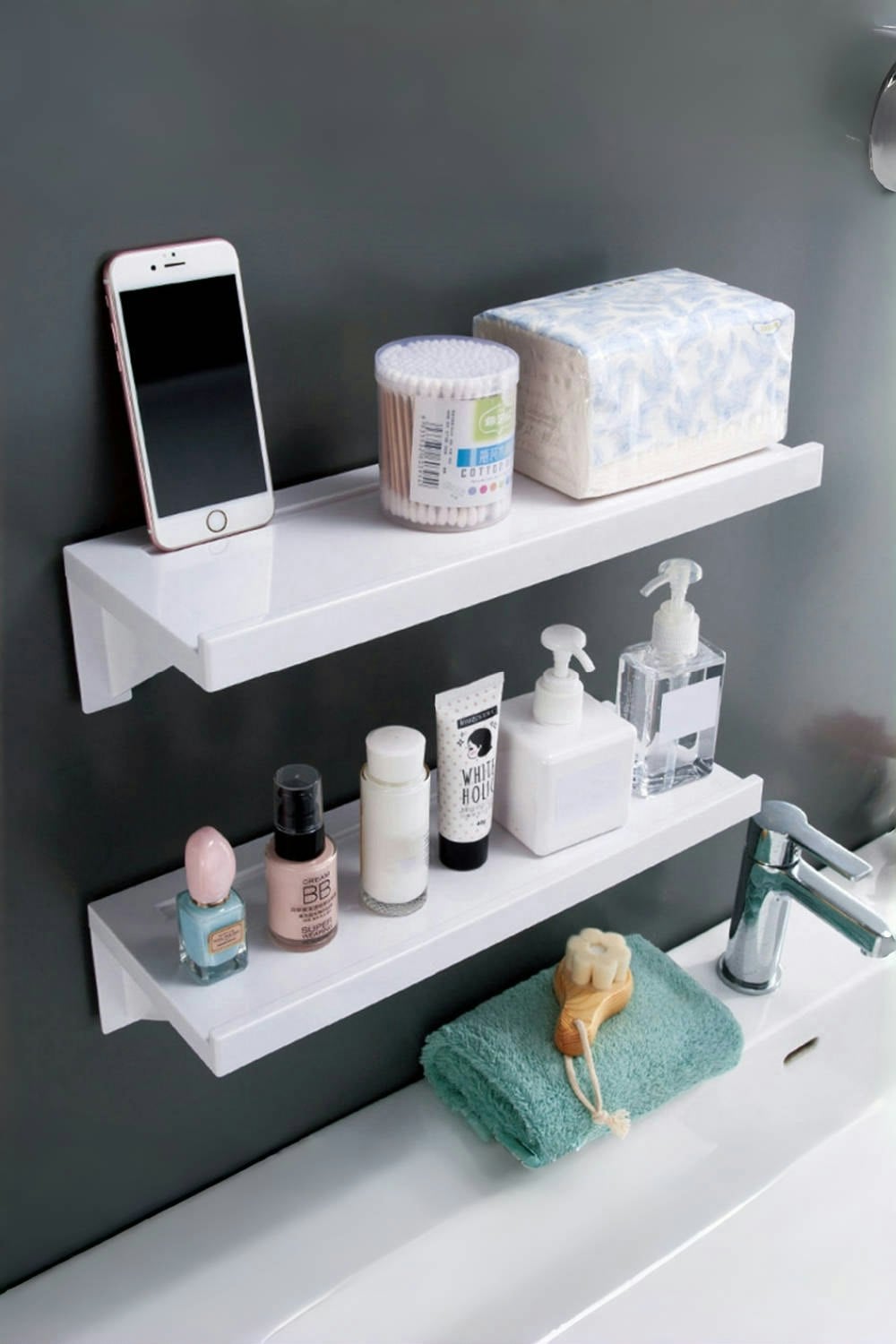 Rackhams White Self-Adhesive Shelf Wall-Mount Waterproof Shower Rack With Fixing Groove For Bathroom