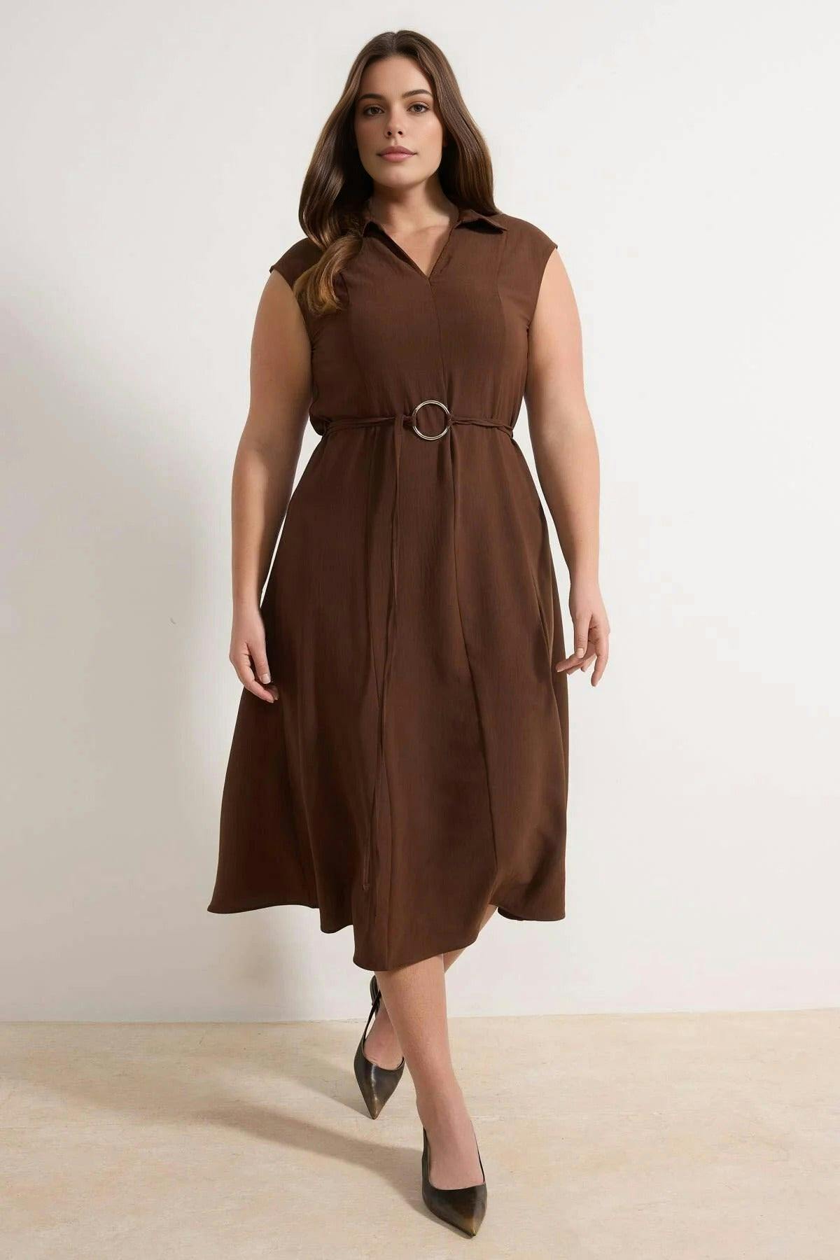 Wovcor Brown Midi Woven Plus Size Dress - 18