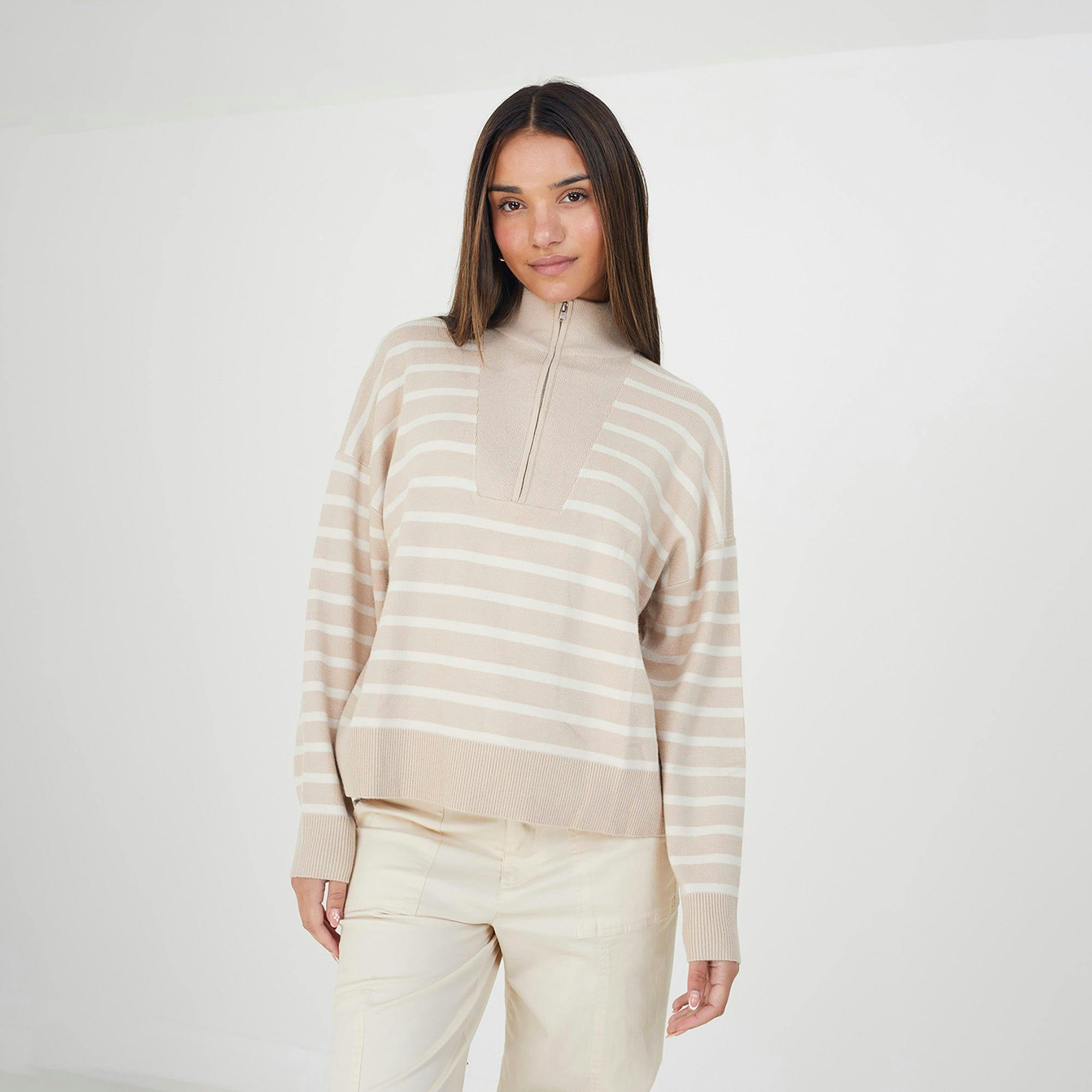 Brave Soul Striped 1/2 Zip Knitted Jumper - Stone - Stone - Xs