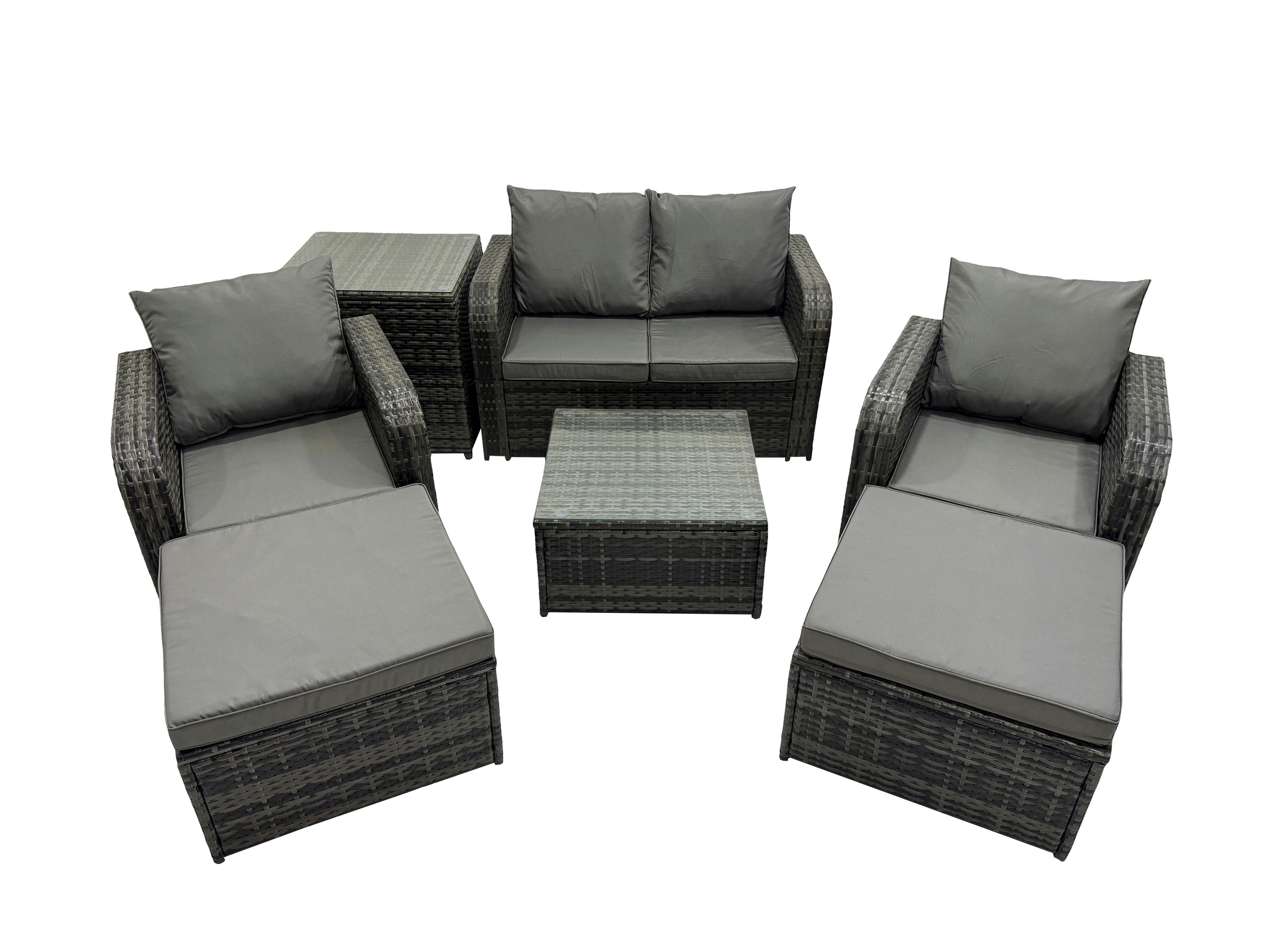 Rackhams Dark/Grey Rattan Garden Outdoor Furniture Set Love Sofa Reclining Chair Square Coffee Table Set With Side Table 2 Big Stool Mixed