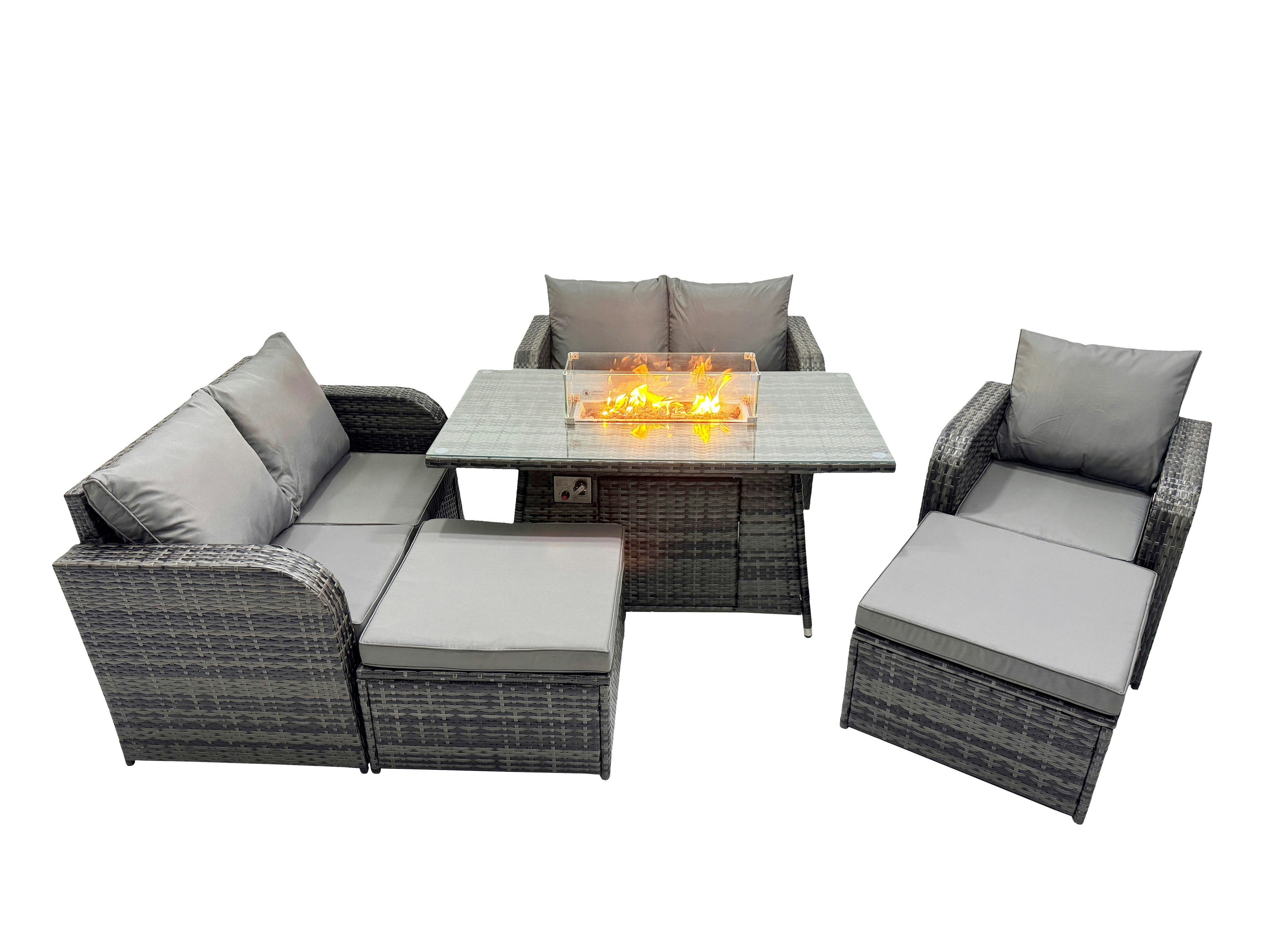 Rackhams Dark/Grey 7 Seater Patio Gas Firpit Dining Table Sofa Sets Rattan Garden Furniture Dining Set With 2 Big Stools Mixed