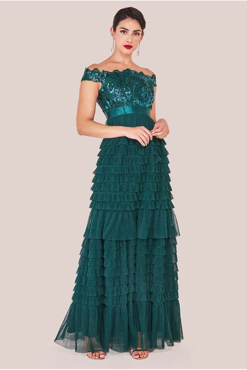 Goddiva Green Scallop Bardot Ruffle Mesh Maxi - Emerald By - Emerald - 8