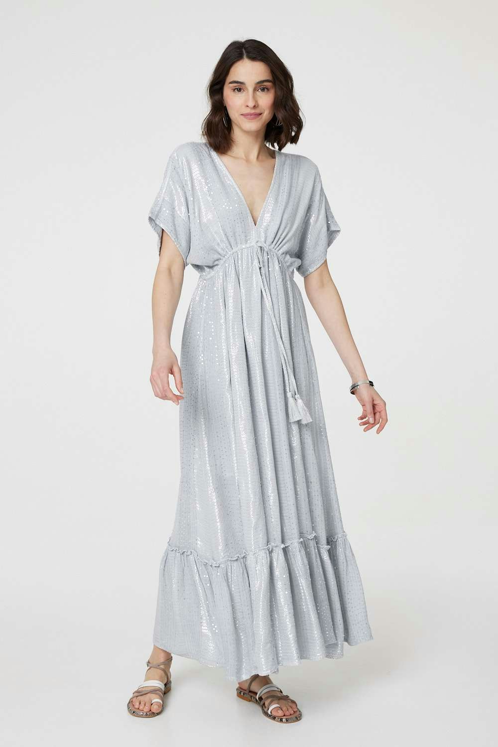Izabel London Light/Grey Dotty Empire Waist Kimono Maxi Dress - 12