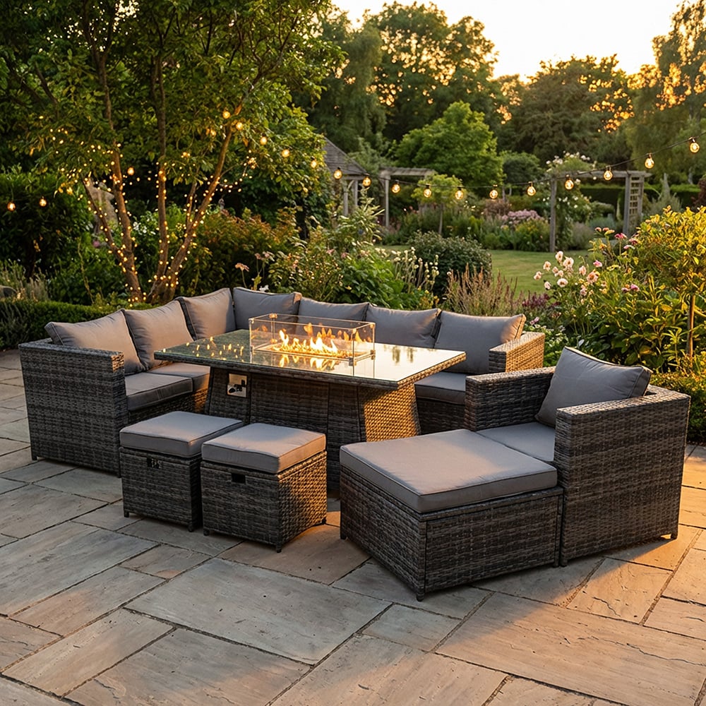 Fimous Dark/Grey 10 Seater Rattan Garden Furniture Set With Gas Fire Pit Dining Table, Armchair, Corner Sofa & 3 Stools - Mixed