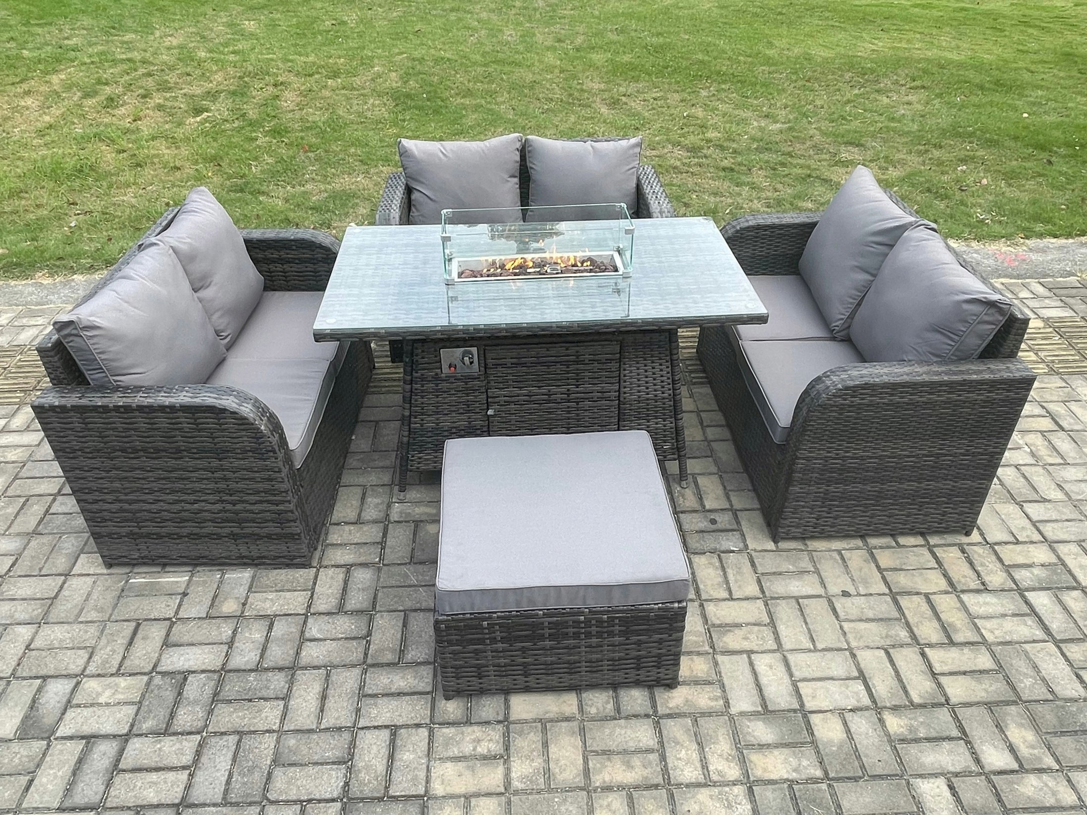 Rackhams Dark/Grey Rattan Outdoor Garden Furniture Sofa Set Gas Fire Pit Dining Table Gas Heater With Love Sofa Big Footstool Mixed
