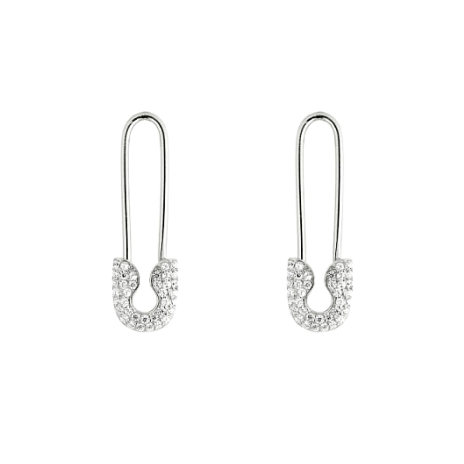 Spero London Silver Pave Safety Pin Earrings Jewelled Sterling