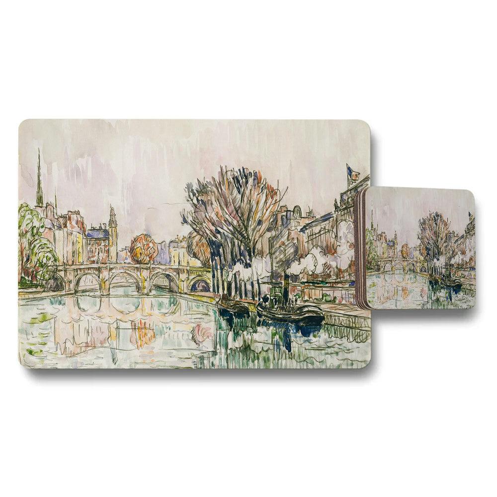 Rackhams Placemat And Coaster Set With Impressionist River City Scene Artwork