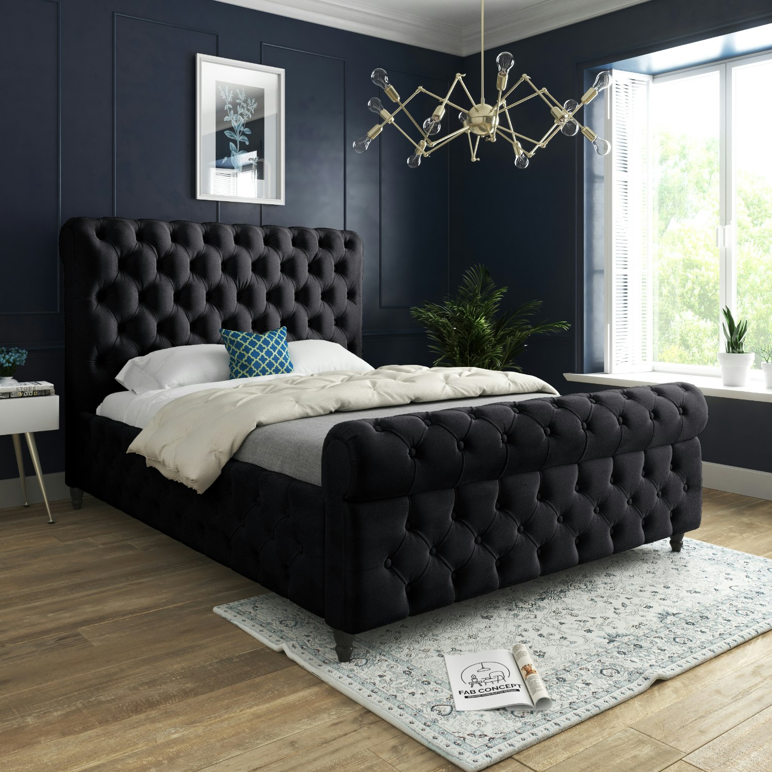 Rackhams Black Savana Sleigh Upholstered Soft Velvet Bed Frame - Charcoal - King