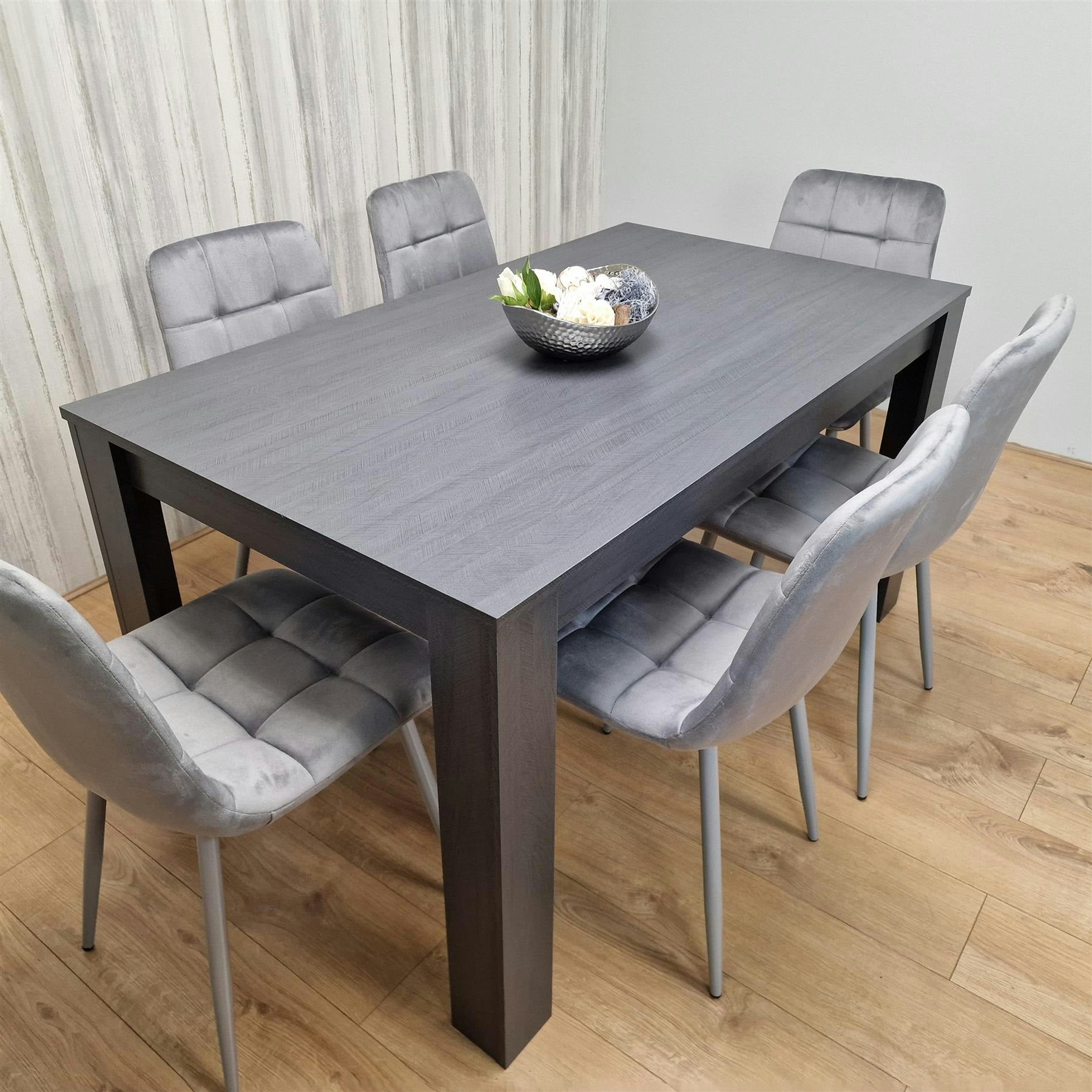 Kosy Koala Dining Table & 6 Grey Velvet Chairs - Dark Grey Wood - Rocco Style - 140cm - Image 2