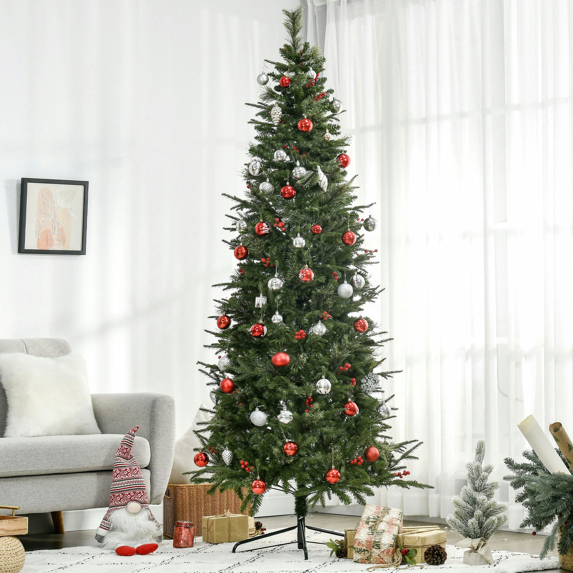 Homcom Red Artificial Christmas Tree Holiday With Pencil Shape, Berries - 7Ft