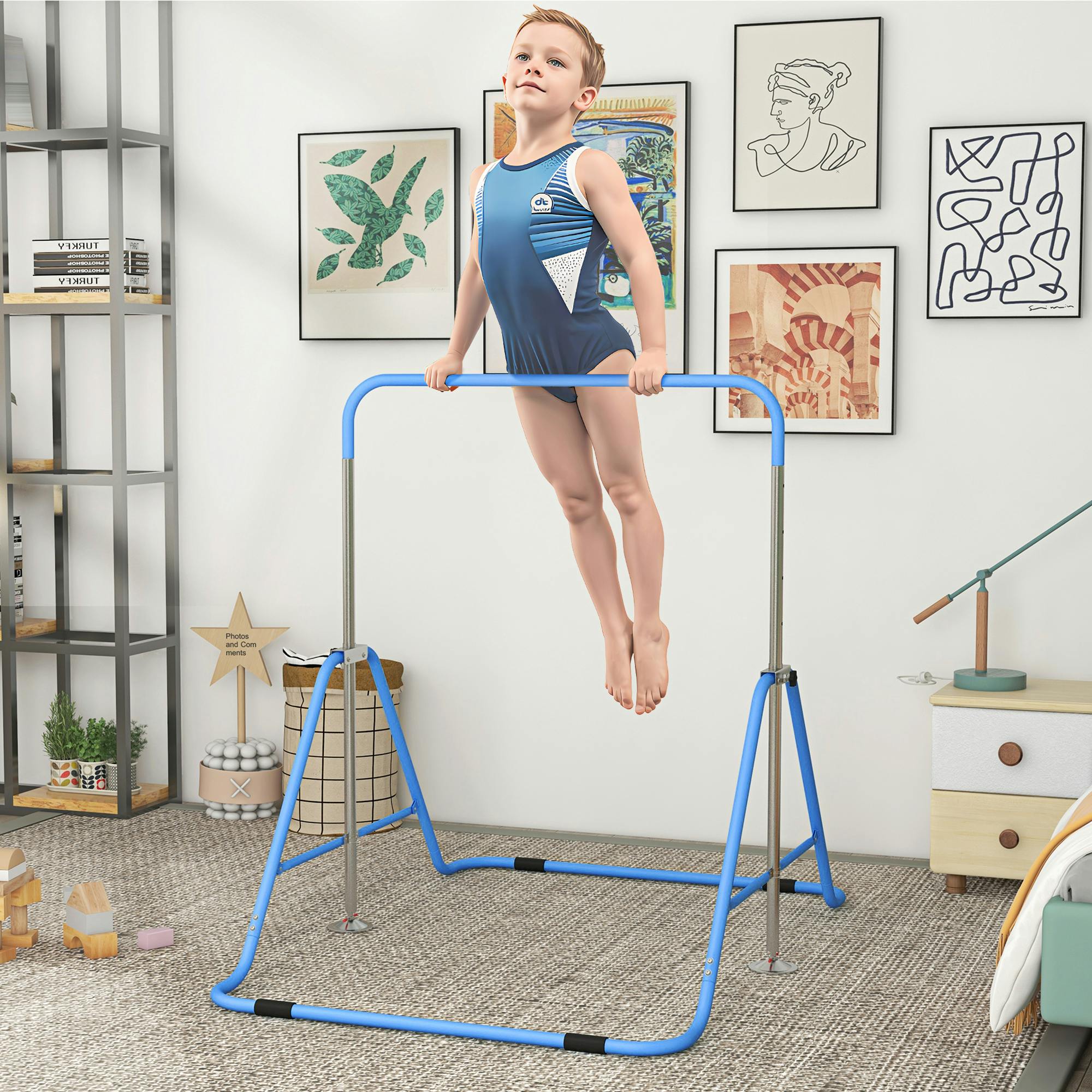 Homcom Blue Kids Gymnastic Bar W/ Adjustable Height, Foldable Training Bar