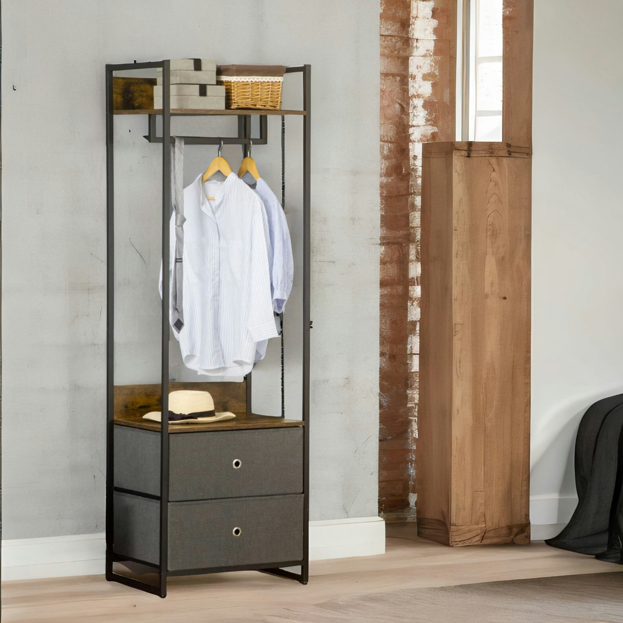 Rafaelo Mobilia Brown Industrial Hall Tree Coat Rack With 2 Fabric Drawers