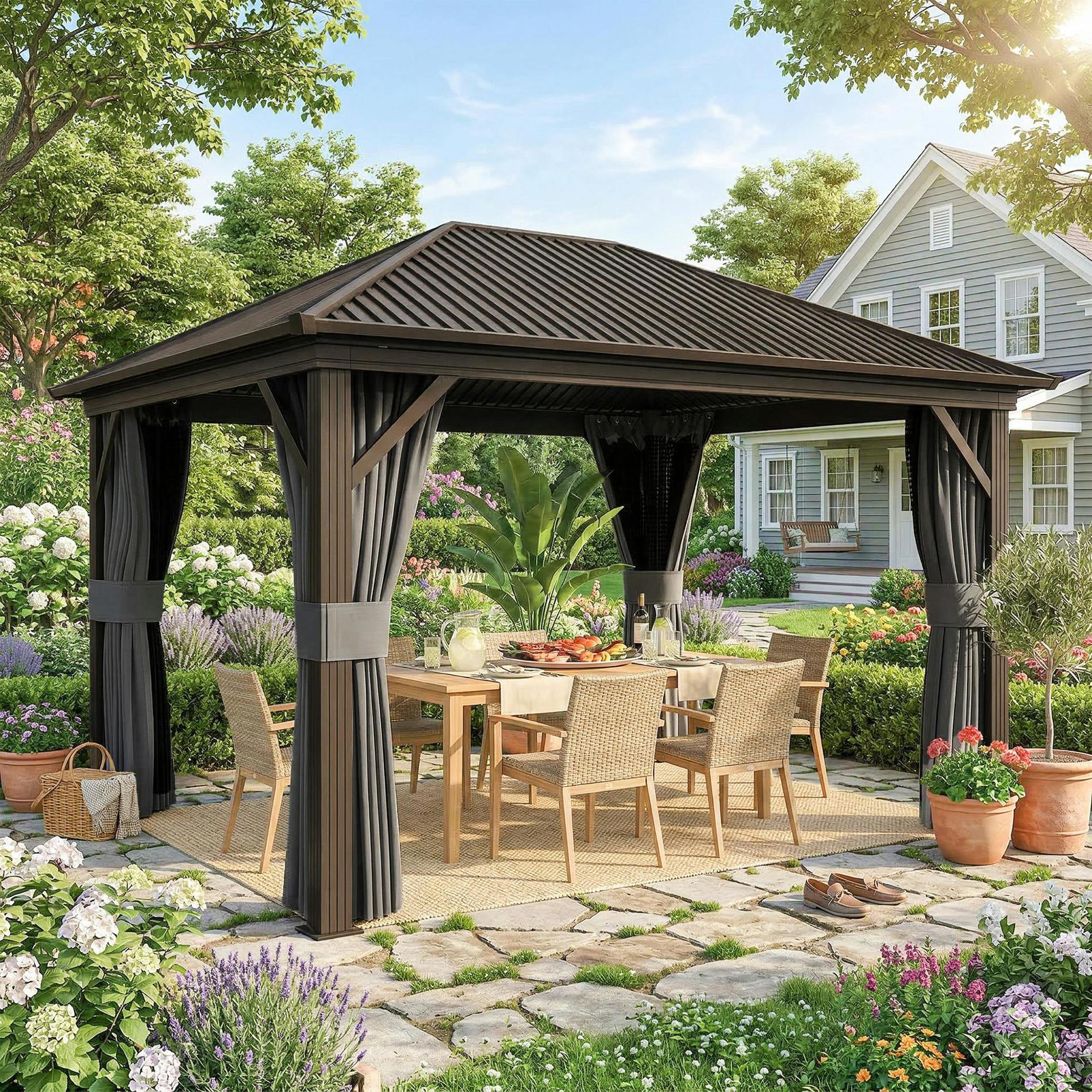 Rackhams Dark/Grey 3.6 X 3(M) Metal Garden Hardtop Gazebo With Screened Curtain