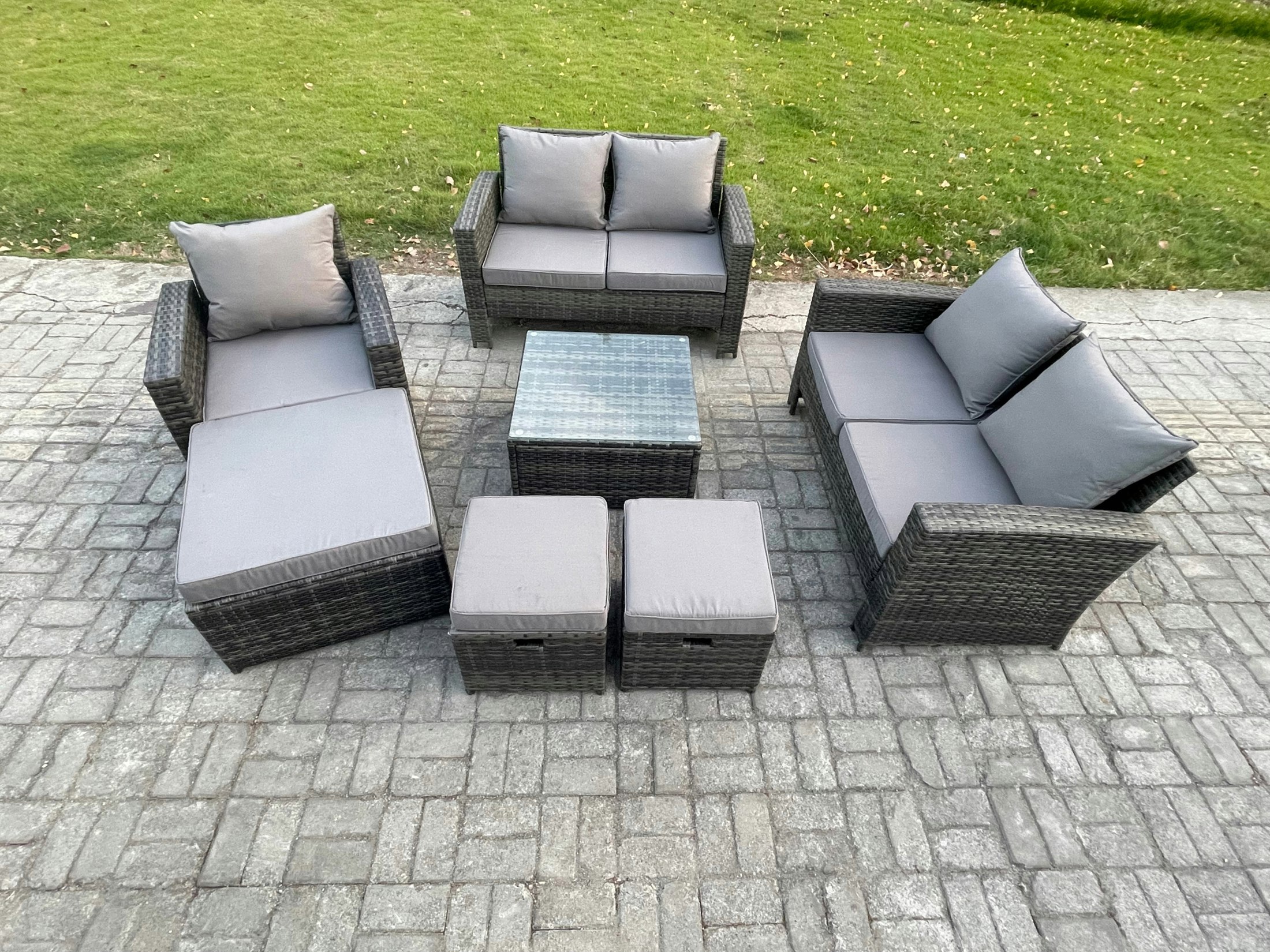 Rackhams Dark/Grey 8 Seater Outdoor Rattan Garden Furniture Set Conservatory Patio Sofa Coffee Table Set With Chair 3 Footstools Mixed