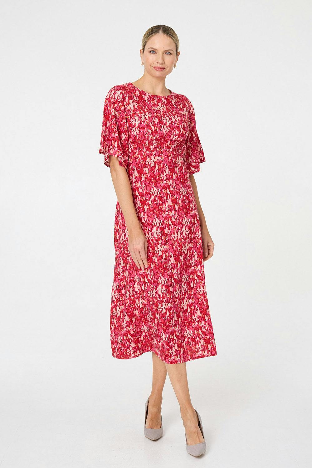 Izabel London Red Ditsy Floral 1/2 Flare Sleeve Midi Dress - 8