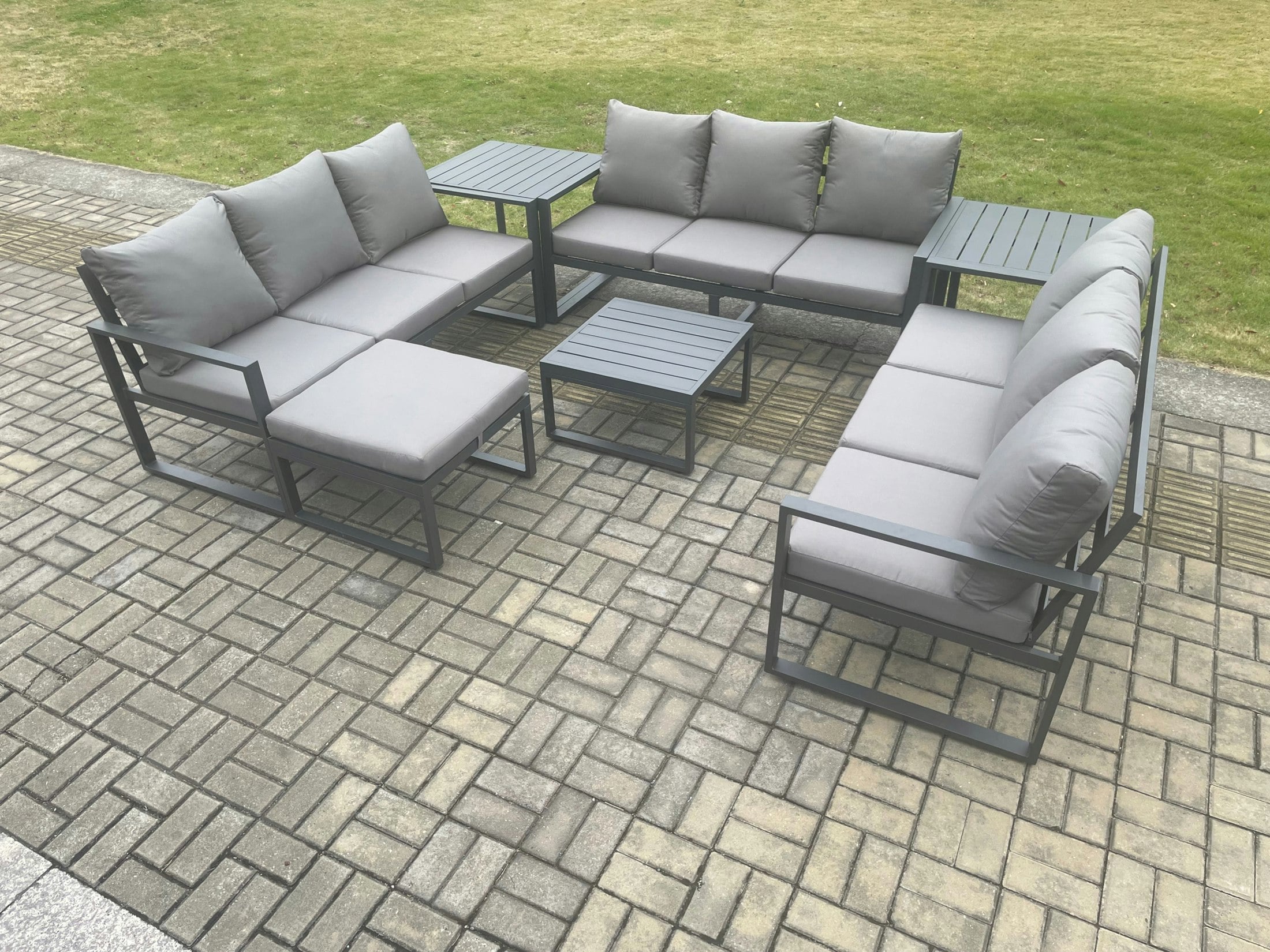 Fimous Dark/Grey 10-Seater Aluminium Outdoor Lounge Set | Square Coffee Table, 2 Side Tables, Large Footstool