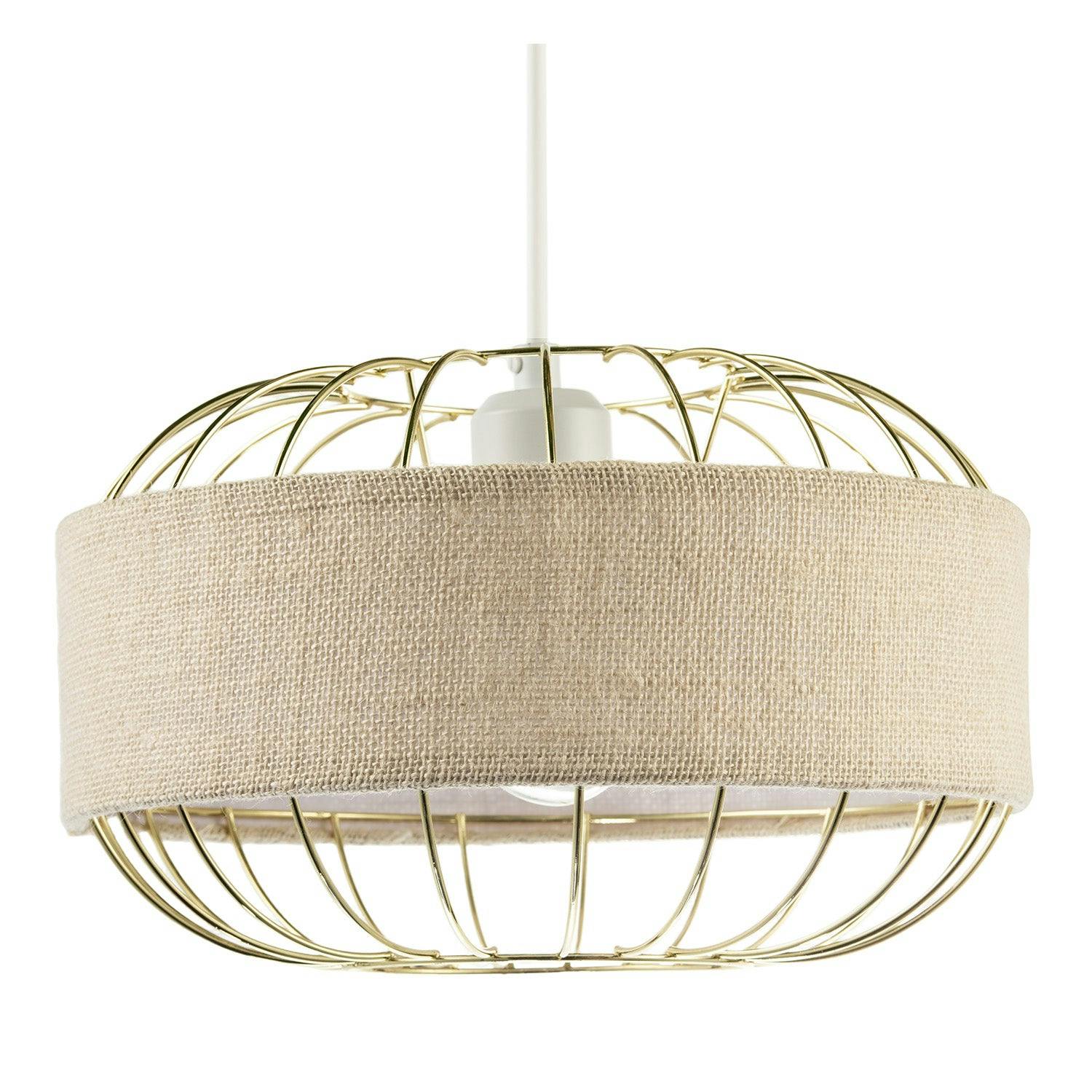 Happy Homewares Gold Unique Pendant Shade With Metal Wire Frame And Linen Fabric Band