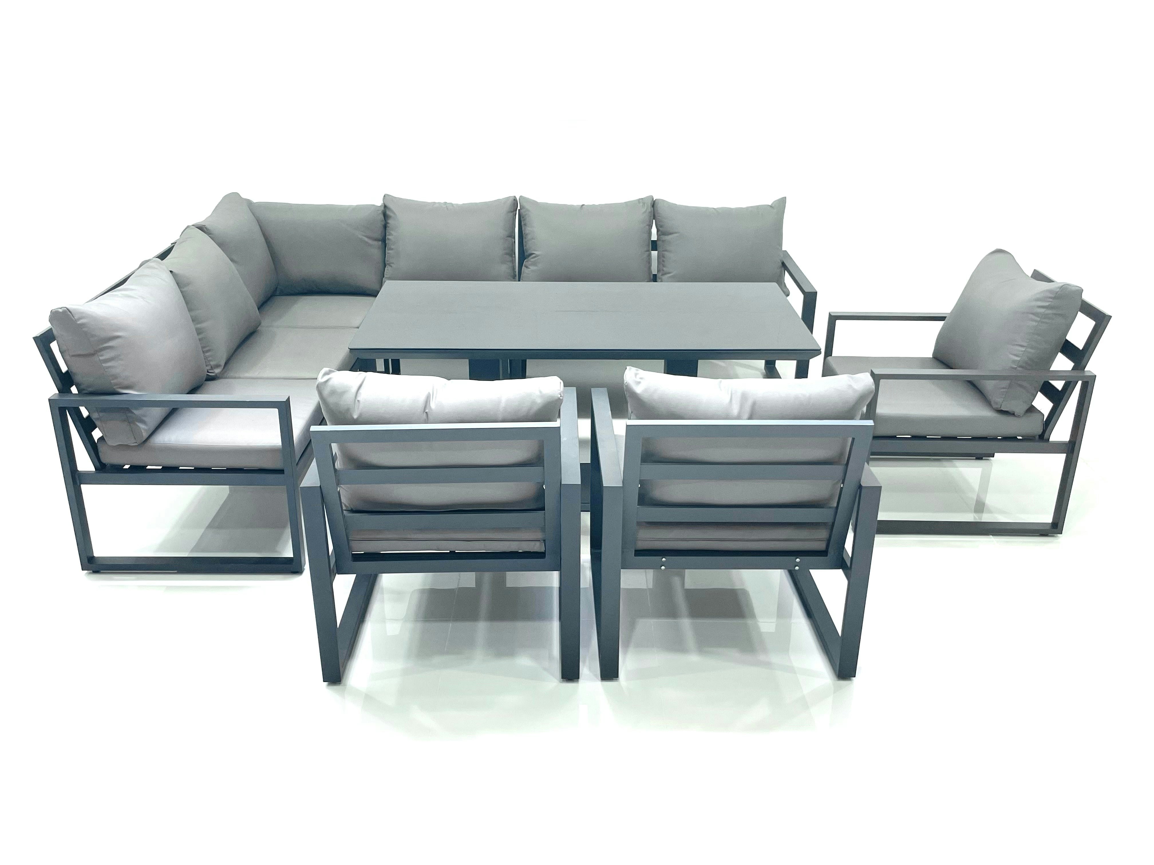 Rackhams Dark/Grey Aluminum Outdoor Garden Furniture Set Corner Sofa 3 Chairs Adjustable Rising Lifting Dining Table Sets