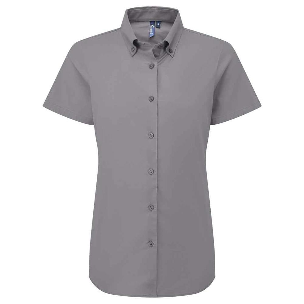 Premier Women's Supreme Oxford Short-Sleeved Formal Shirt - Steel - 5XL - Steel - 72% Mercerised Cotton/25% Organic Cotton/3% Elastane