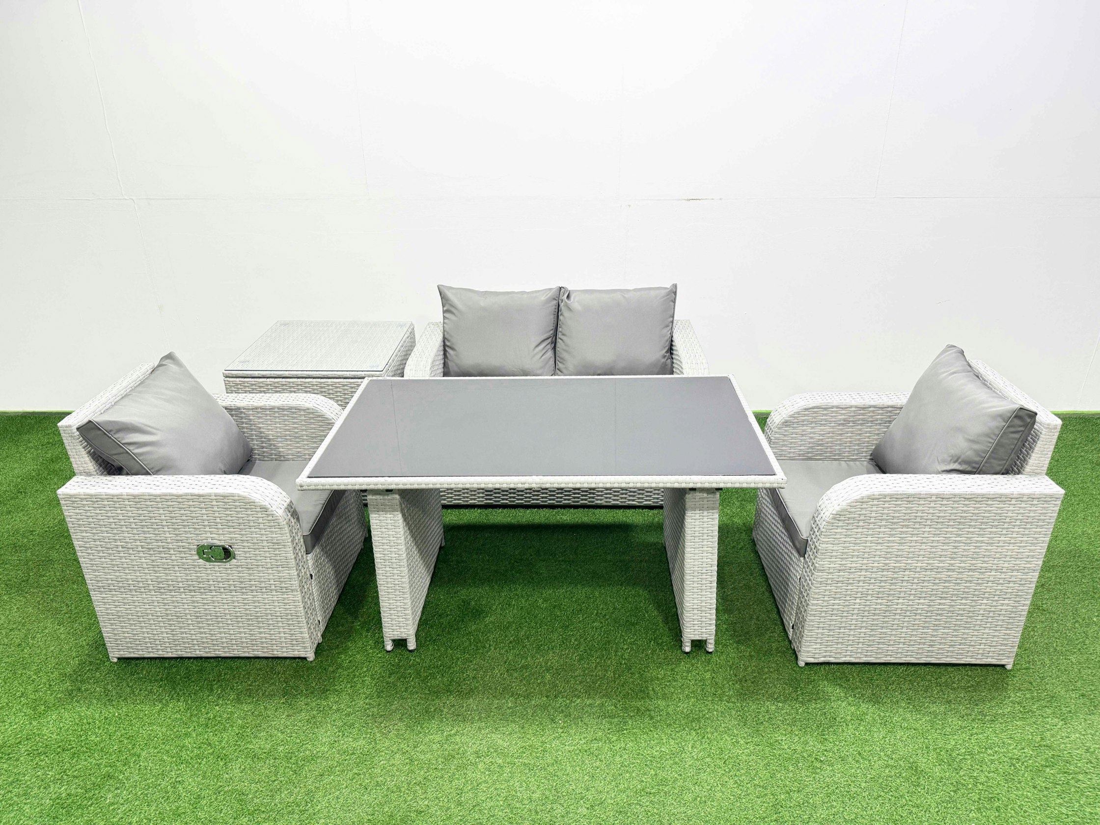 Fimous Outdoor Rattan Garden Furniture Dining Set 4 Seater Patio Rectangular Table Love Sofa Reclining Chair Set With Side Table