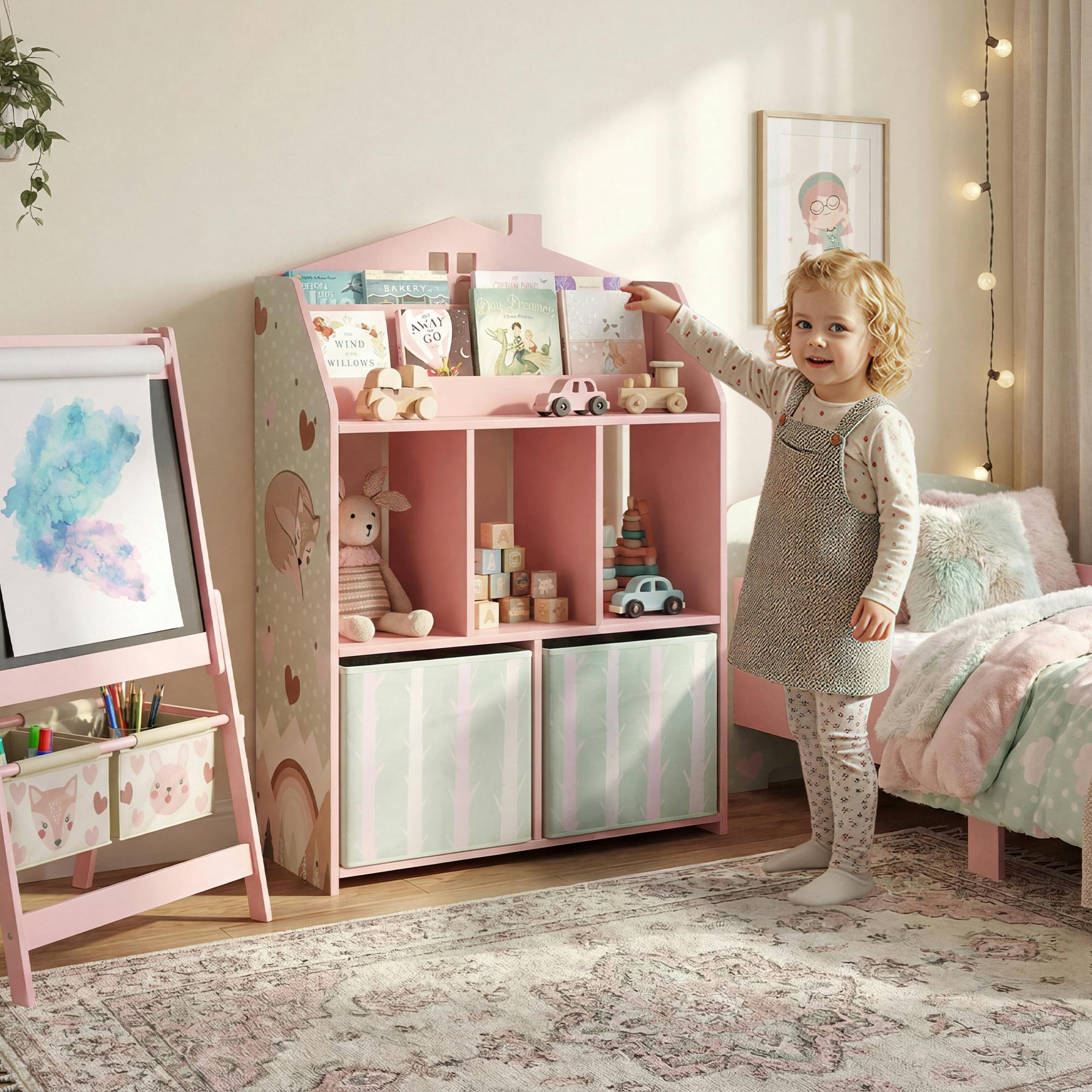 Aiyaplay Pink Kids Bookshelf With Storage, Toy Storage Unit For Playroom