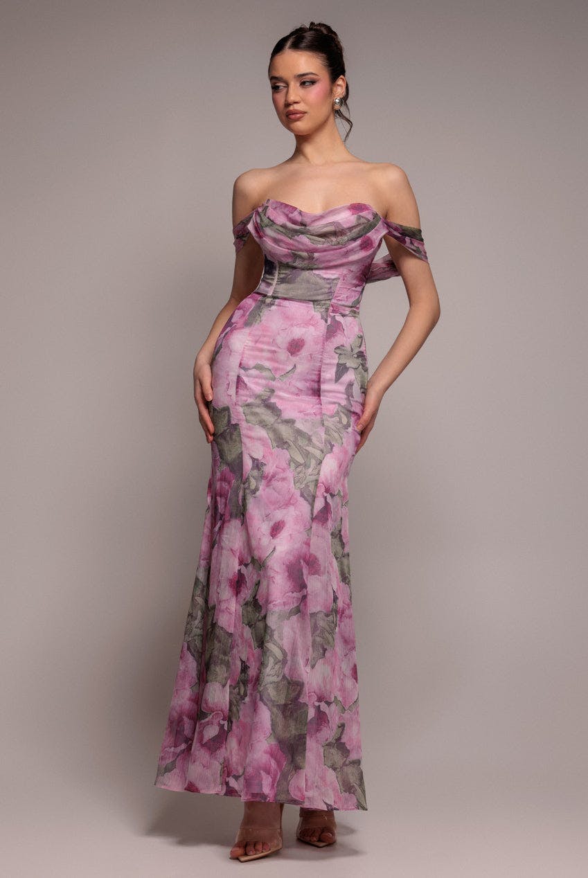 Goddiva Pink Cowl Neck Floral Print Jacquard Chiffon Maxi Dress - Blush By - Blush - 16