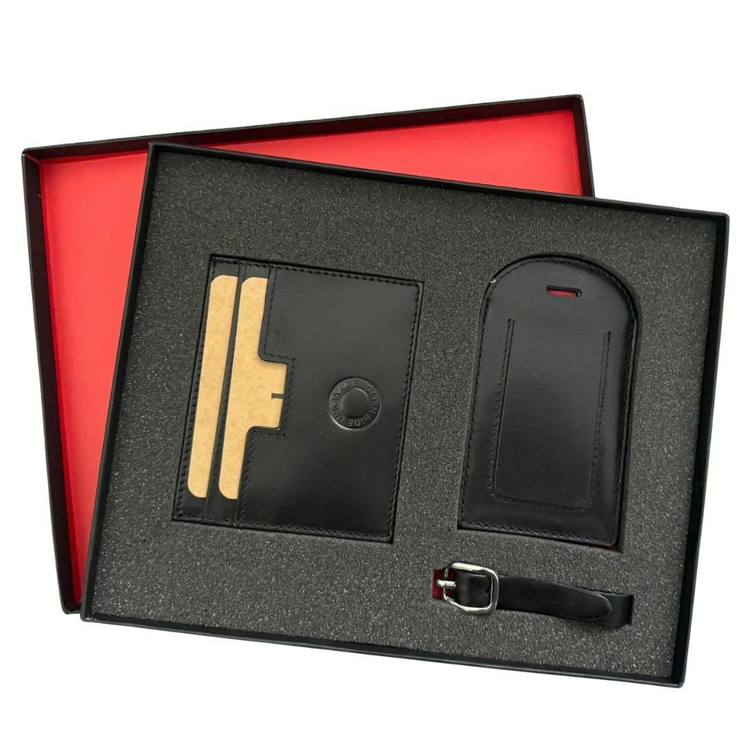 Love Emvy Men's Black Genuine Leather Card Wallet And Luggage Tag Gift Set