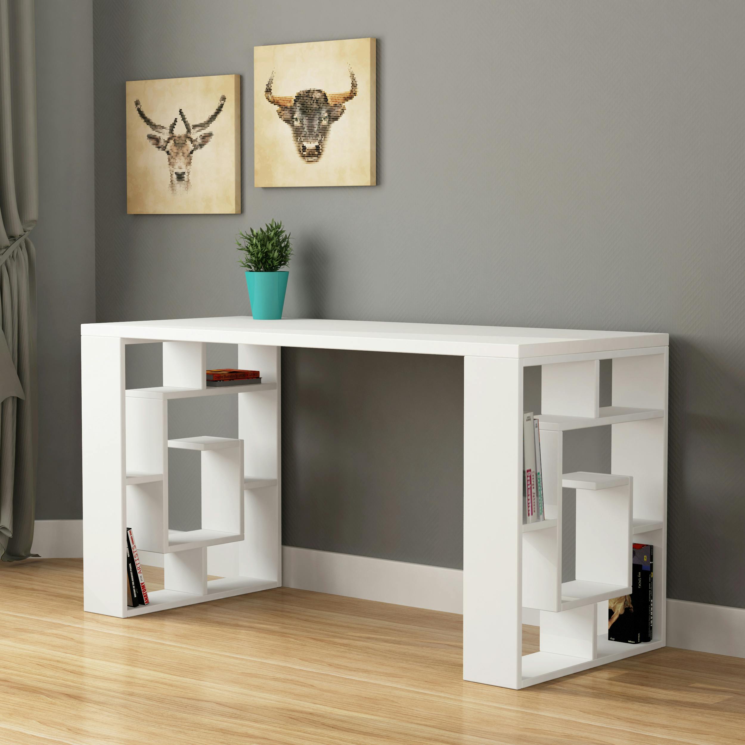 Decortie White/Anthracite/Grey Labirent Modern Desk With Bookshelf Legs 137Cm