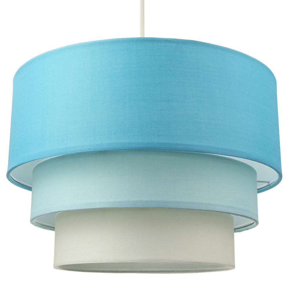 Happy Homewares Blue/Light Contemporary Round Triple Tier Teal/ Cotton Fabric Pendant Shade 20Cm