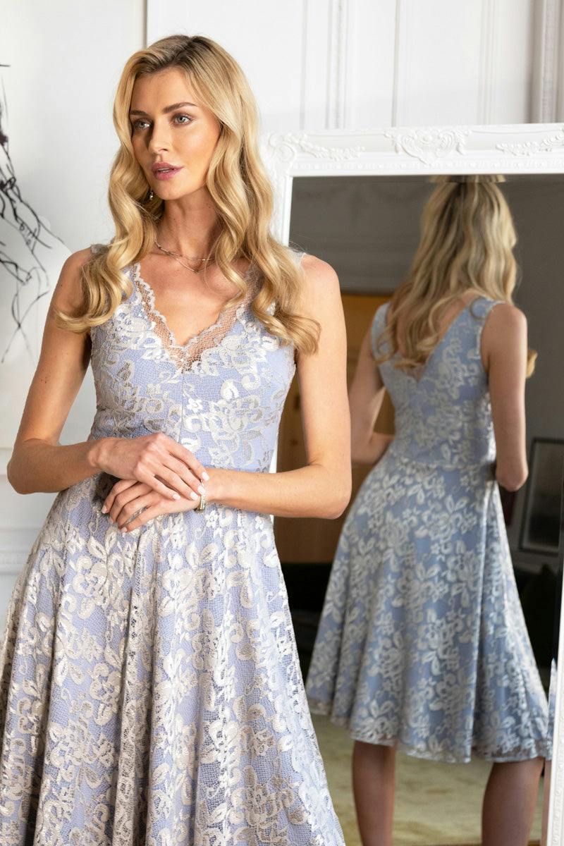 Hotsquash Silver V-Neck Floral Lace Dress - 18