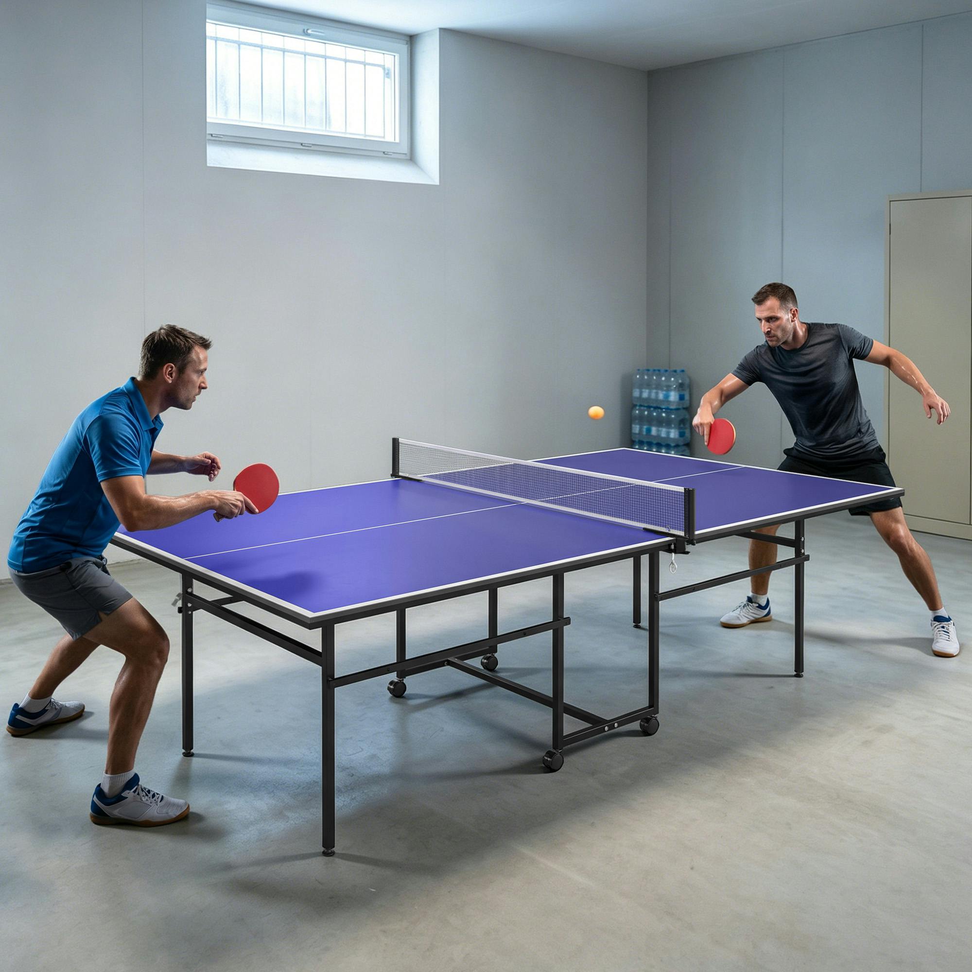 Sportnow Blue 9Ft Folding Full Size Indoor Table Tennis Table W/ Four Wheels