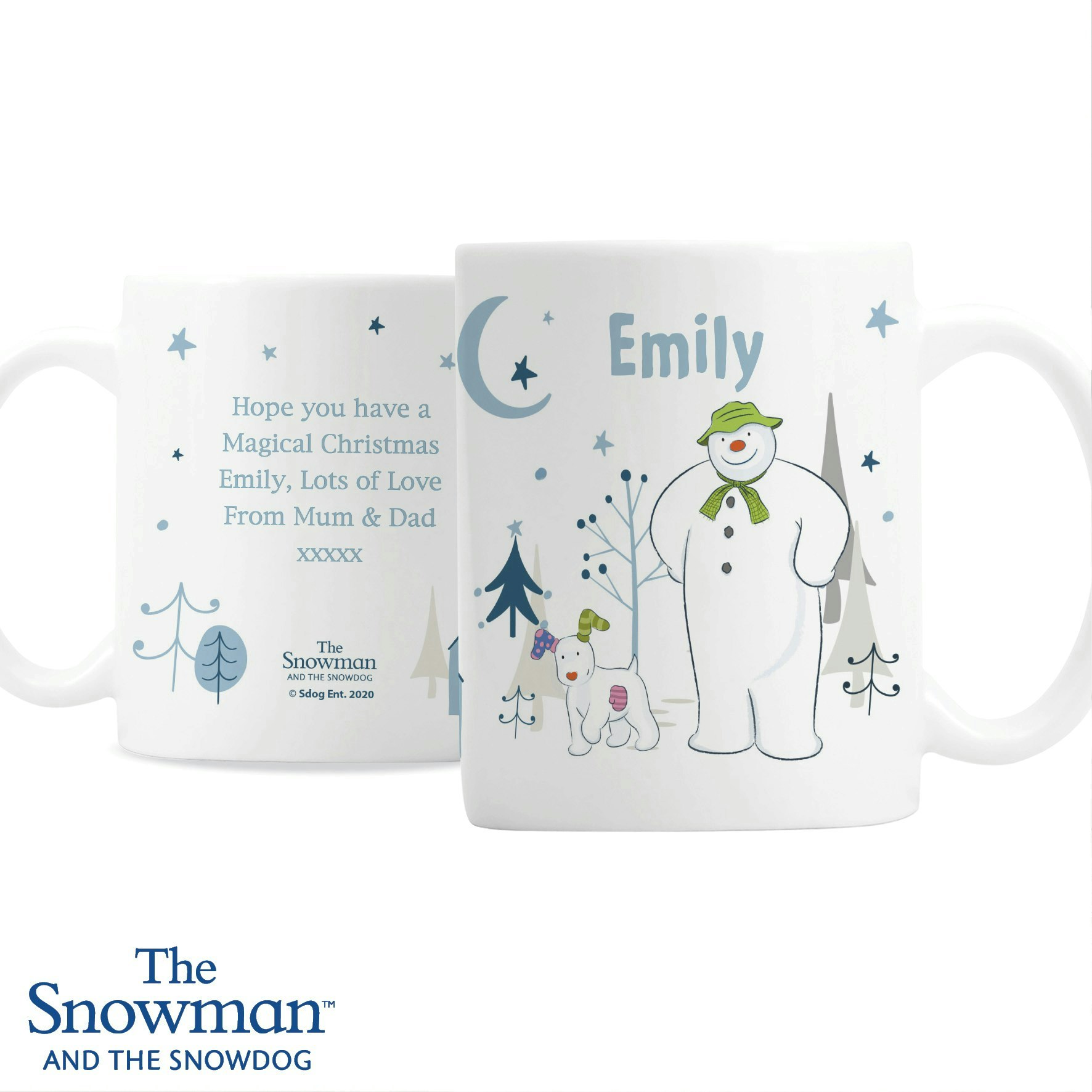 Rackhams Blue Personalised The Snowman And The Snowdog Mug