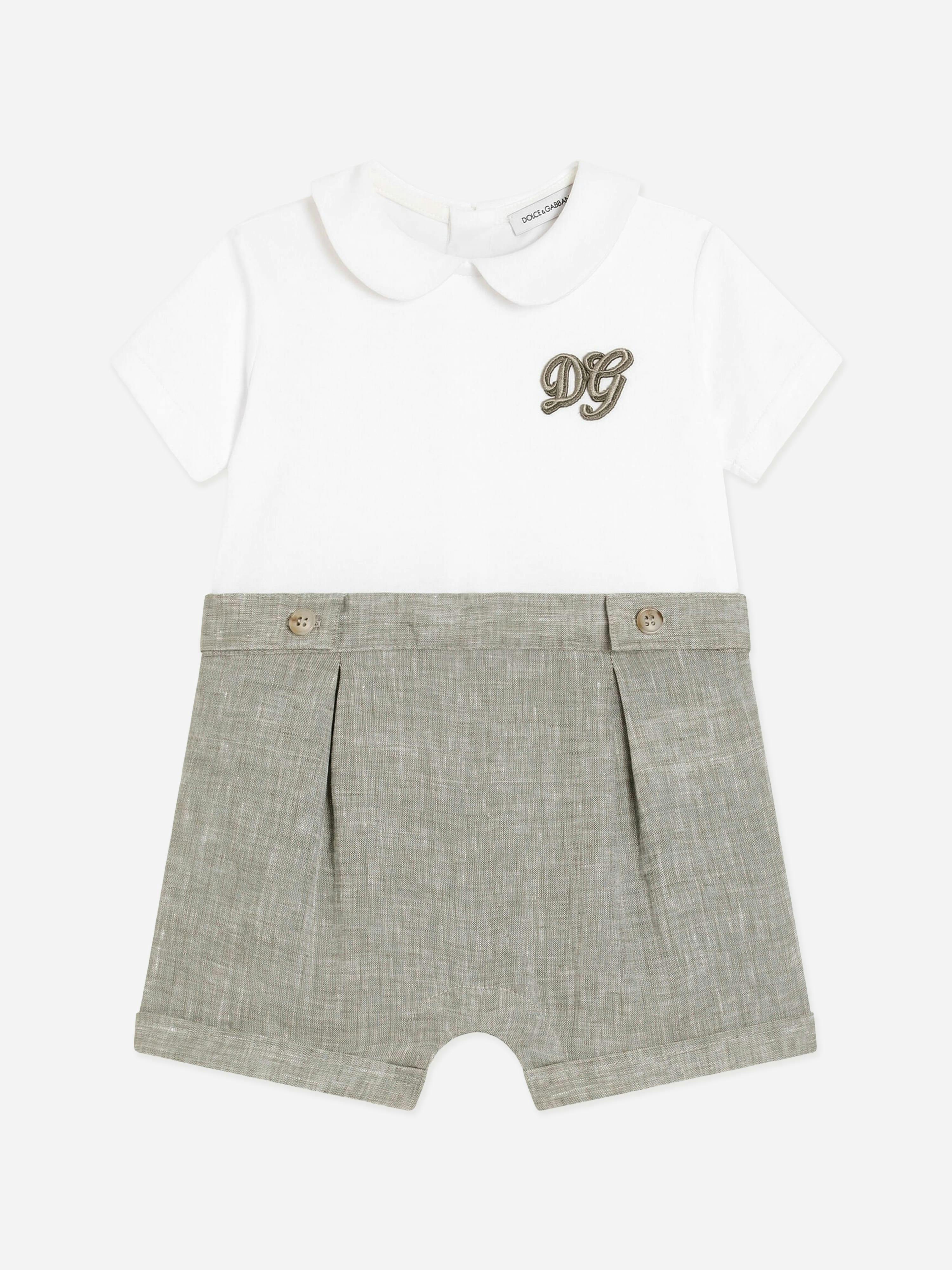 Dolce & Gabbana Kids Boys White Baby Jersey And Linen Romper In - 12 - 18 Mths