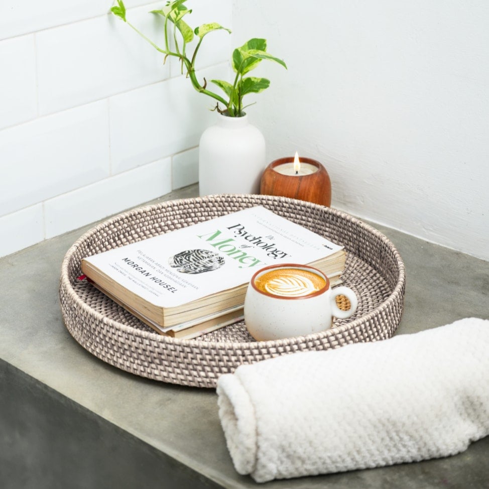 Coastal Villa Homeware White/Brown/Black Round Rattan Display Tray - And Natural - Wash - 30Cm