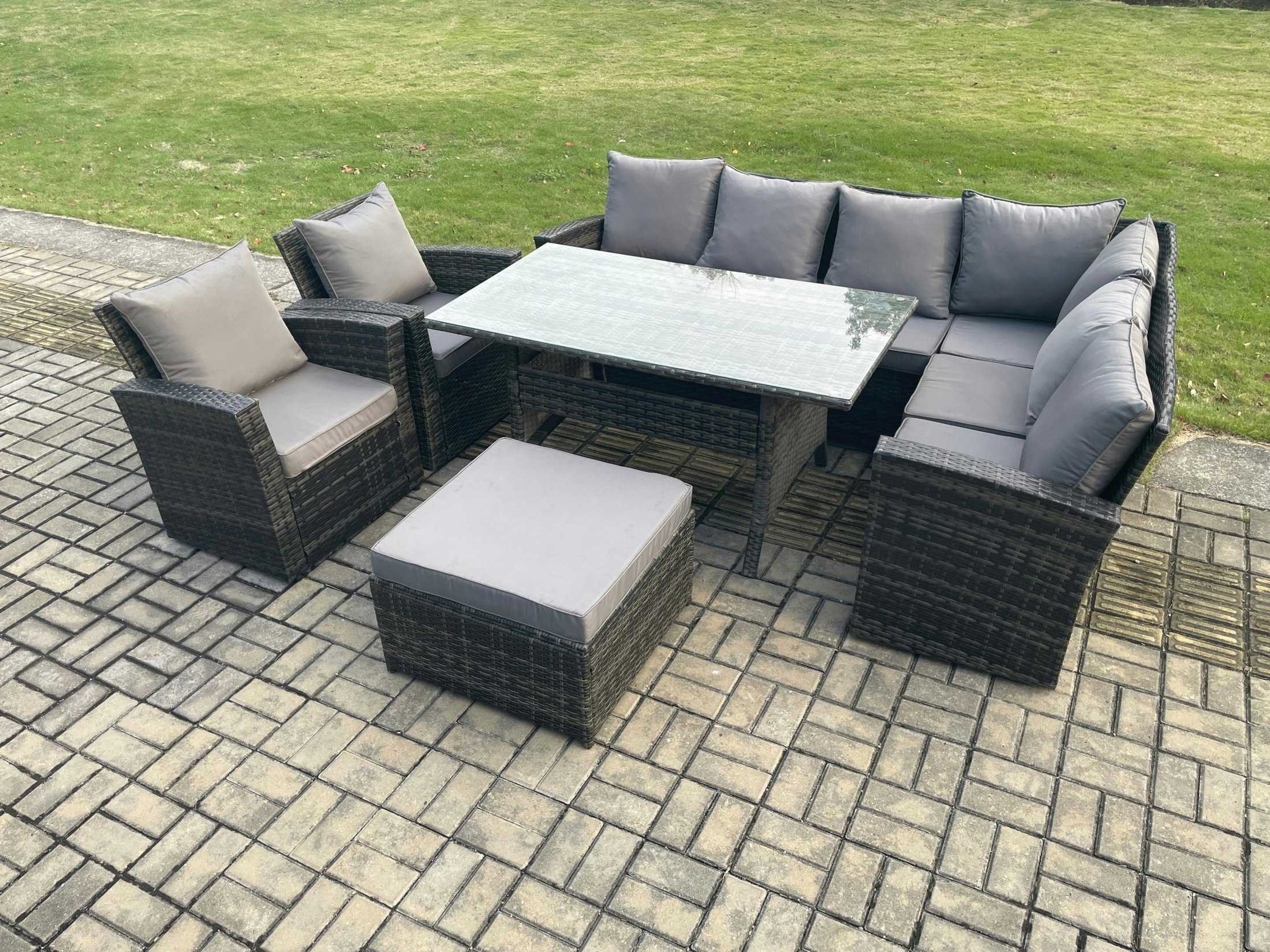 Fimous Dark/Grey 9 Seater Garden Rattan Furniture Corner Sofa Dining Table Chairs Set With Big Footstool 2 Armchairs Indoor Outdoor Lounge Sofa Set