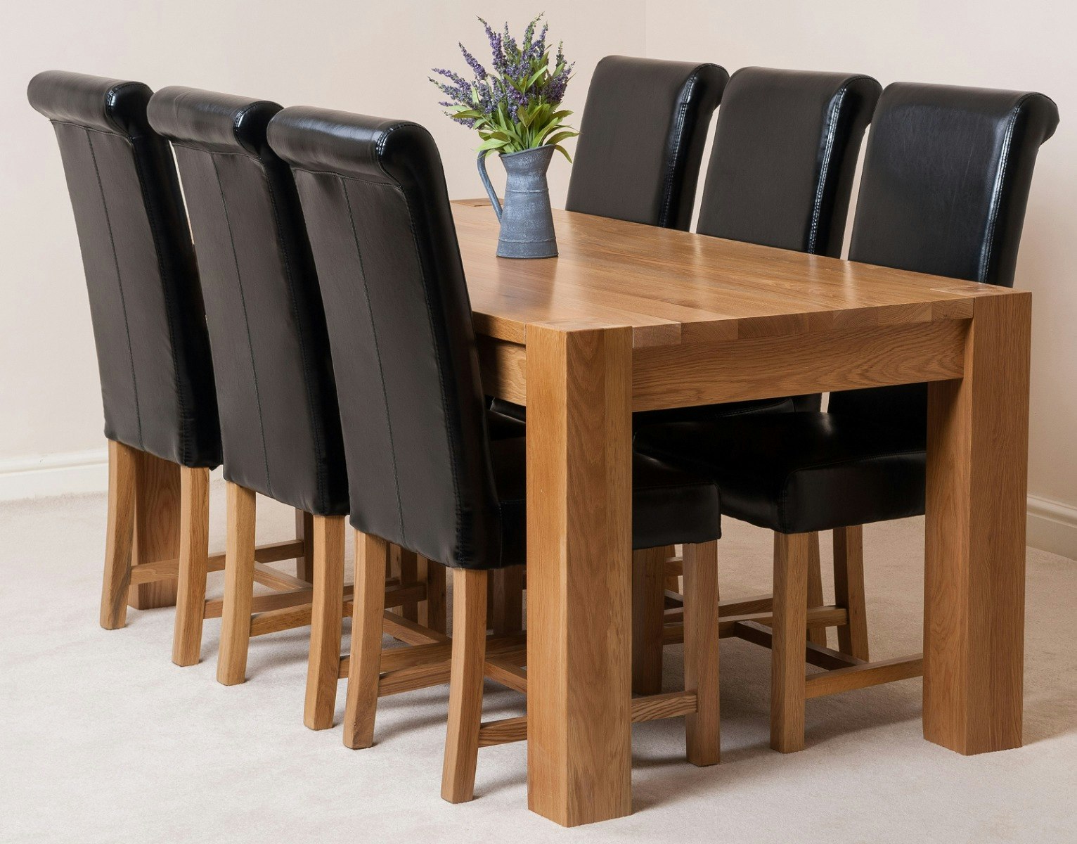 That's Furniture Black Kuba Large Oak Dining Table With Washington Leather Chairs - 6 Chairs