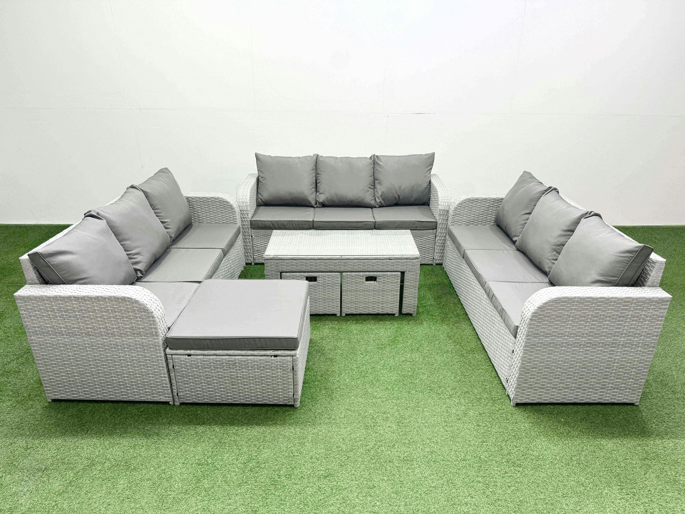 Rackhams Light/Grey Pe Rattan Lounge Sofa Set Seater Outdoor Garden Furniture Set With Oblong Coffee Table 3 Seater Sofa 3 Stools Size 12
