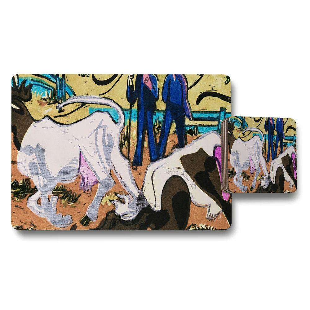 Rackhams Yellow/Blue/White Abstract Cattle Art Placemats And Coaster Set For Dining Table