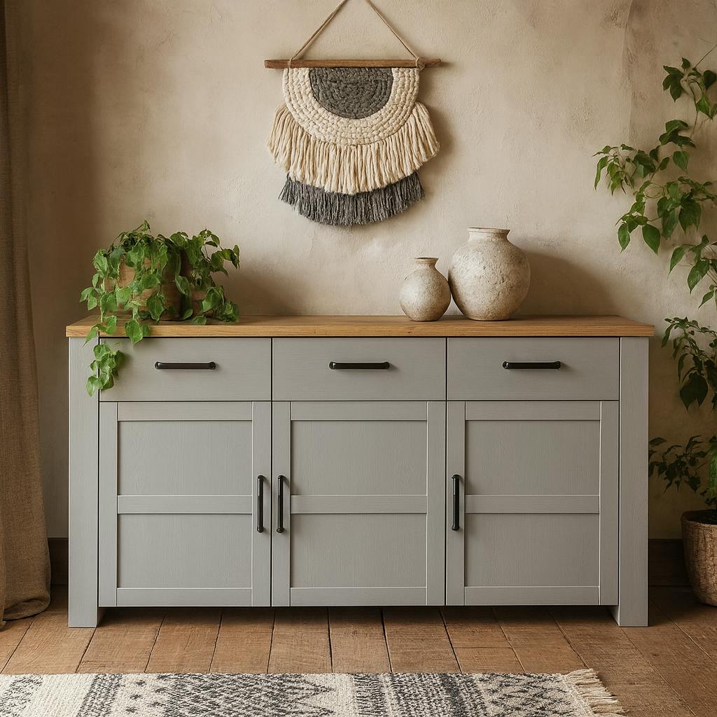 Wyld Haus Grey Bramblecroft And Natural Oak Wood Wide Sideboard 3 Door 3 Drawer