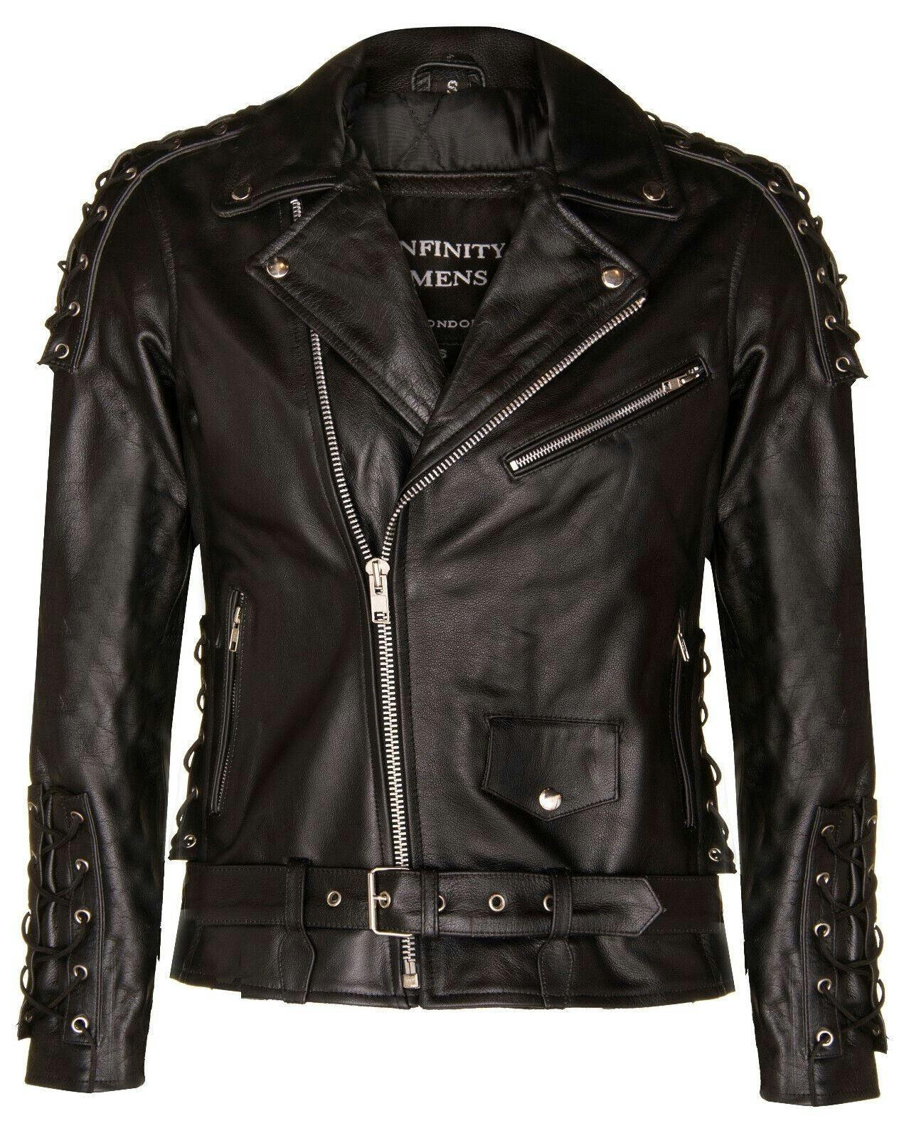 Infinity Leather Men's Black Embossed Brando Leather Biker Jacket-Chicago - Uk Xs | Eu 44 | Us 34