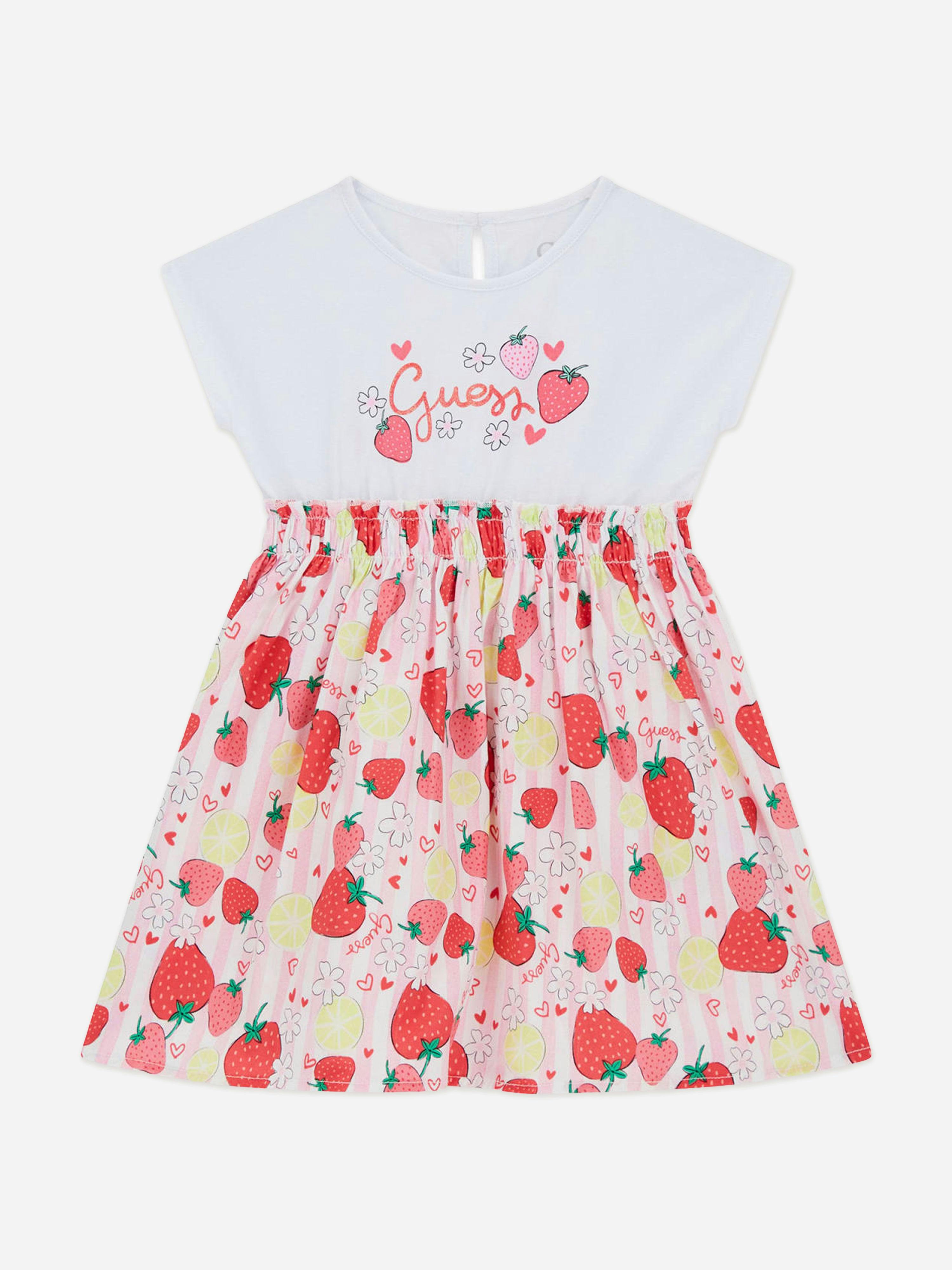 Guess Girls Pink Mixed Fabric Strawberry Dress In - 5 Yrs