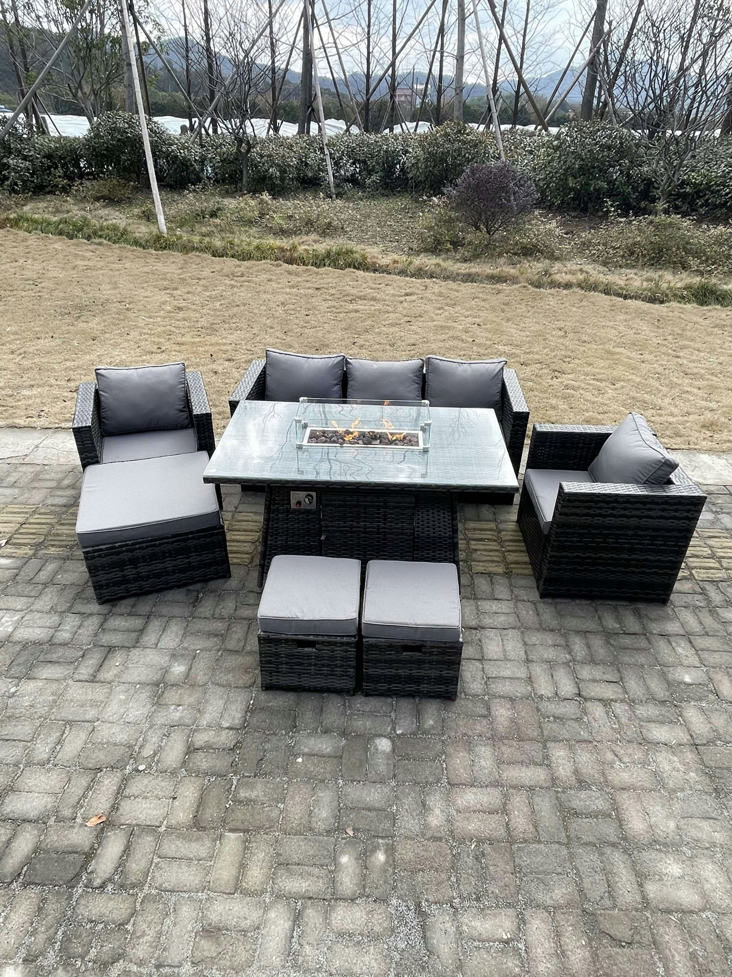 Fimous Dark/Grey Outdoor Pe Rattan Garden Furniture Gas Fire Pit Dining Table Armchairs With 3 Stools Mixed