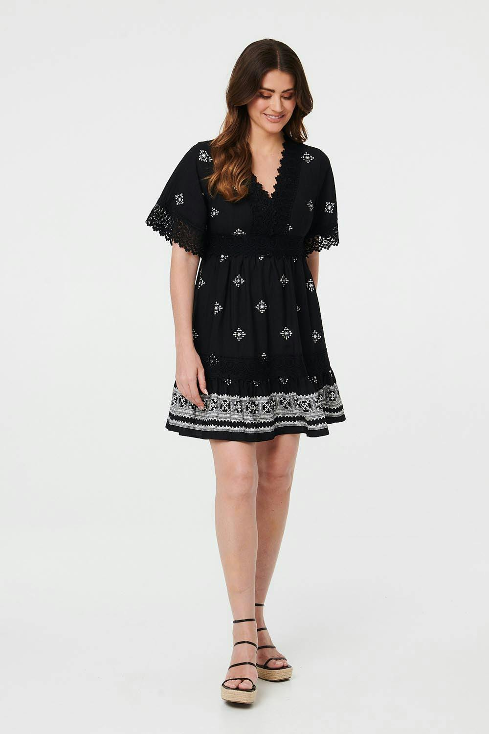 Izabel London Black Border Print Lace 1/2 Sleeve Short Dress - 14