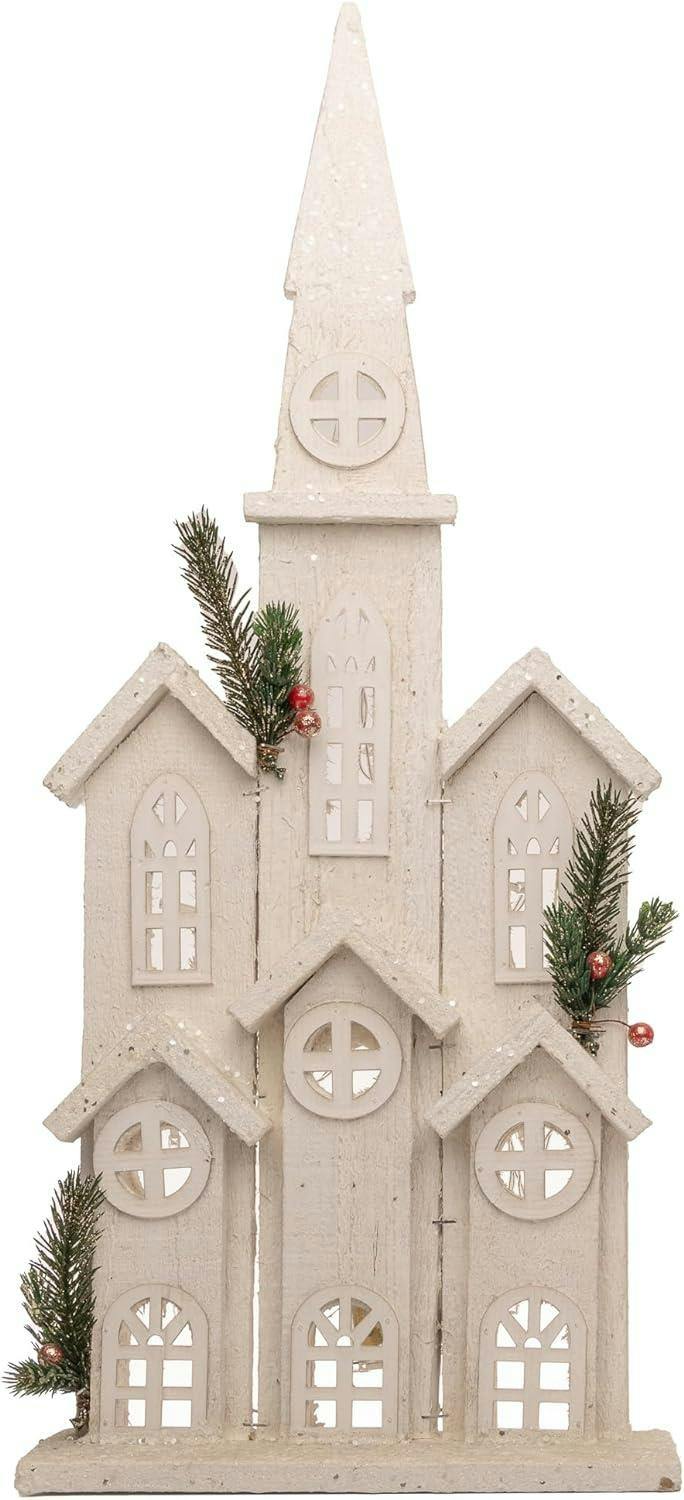 Rackhams White 58Cm Wooden Church House With Warm Led Lights, Snow Covered Cottage Style Indoor Decoration